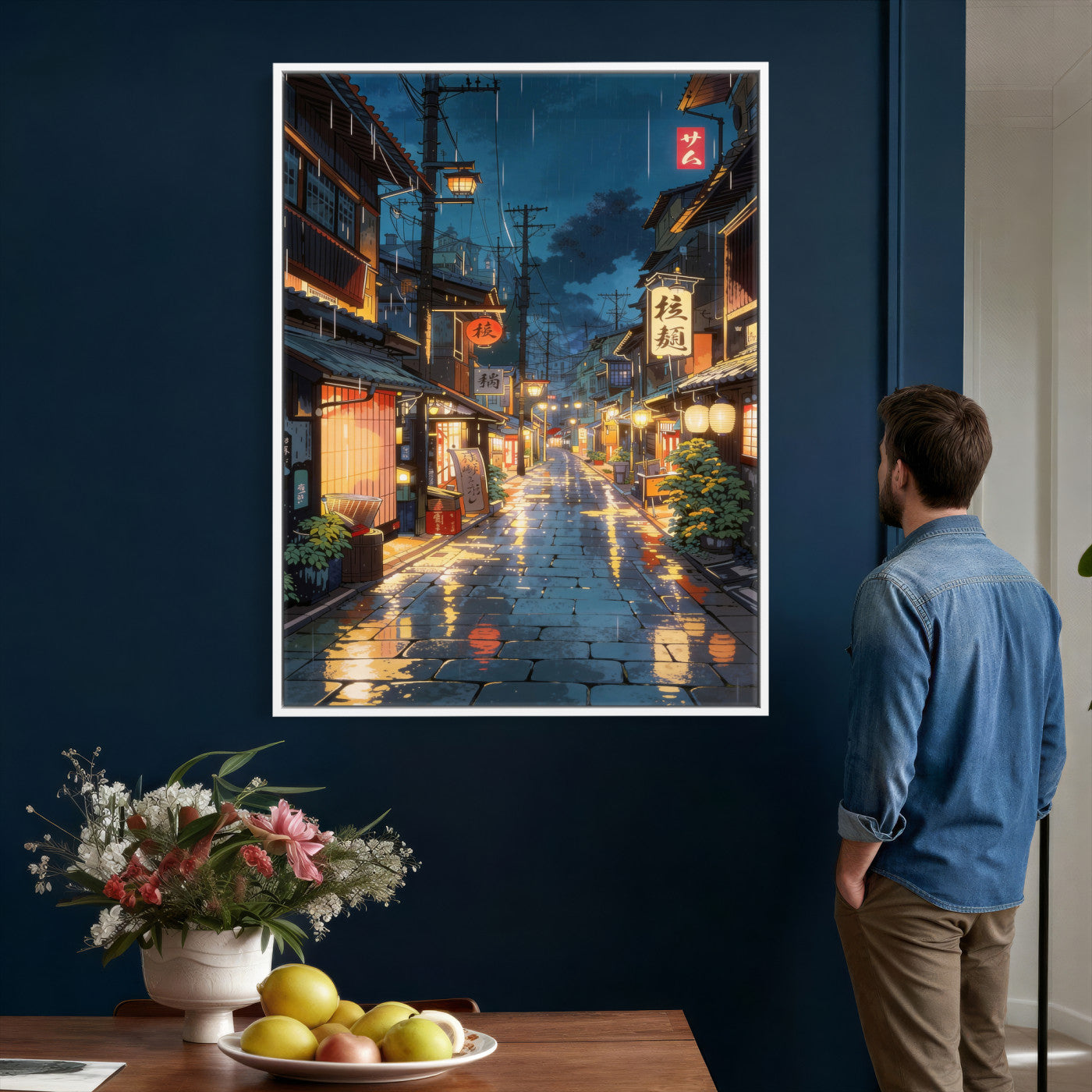 4712069J1-MGV-CV-24X36 - Tokyo Tea House Canvas Wall Art — Japan Rainy Night Street Print | Anime Style Decor | Japanese Tea House Art | Tokyo City Gift