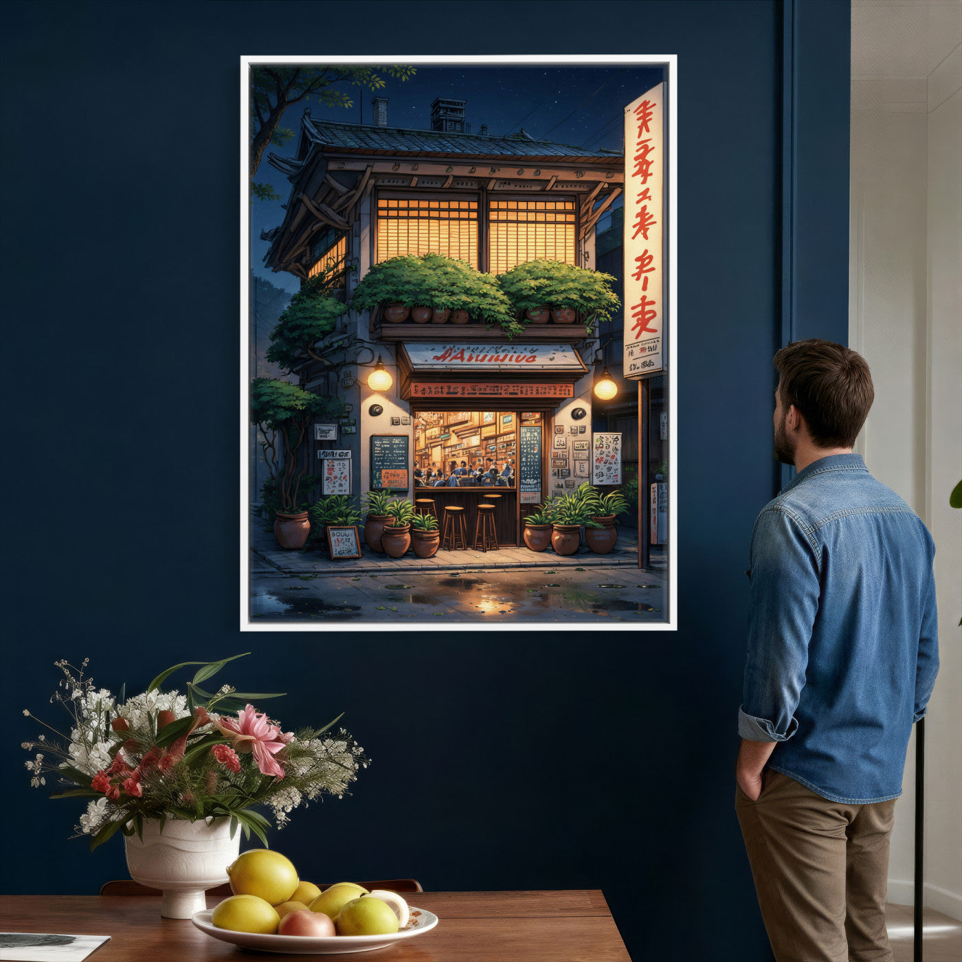 4712069TE1-MGV-CV-24X36 - Evening at the Ramen Shop Canvas Wall Art — Japan Night Anime Print | Japanese Restaurant Decor | Lofi Wall Art | Ramen Lover Gift