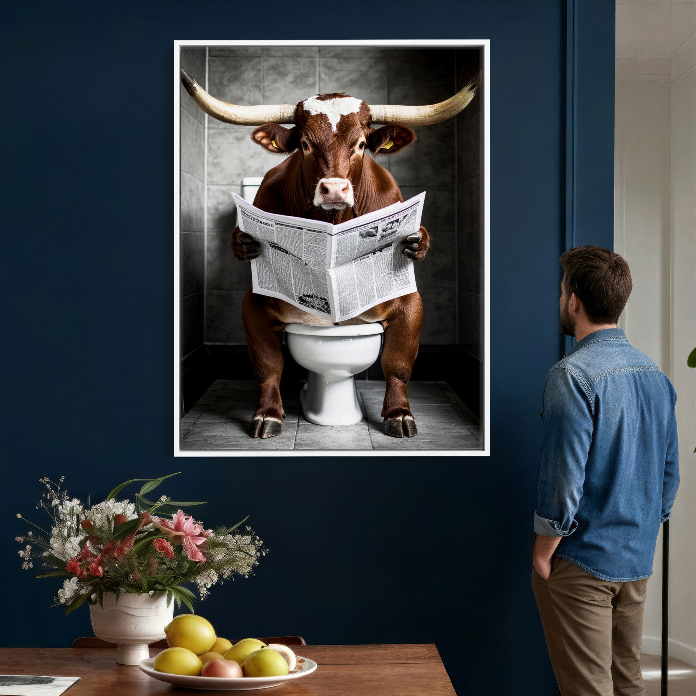 69808726-MGV-CV-24X36 - Texas Longhorn Cow Toilet Paper Canvas Wall Art, Funny Bathroom Black White Print, Cute Animal Humor Decor, Quirky Farmhouse Bathroom Art, Cow Lover Gift