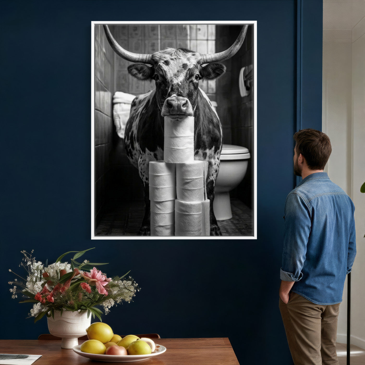 79259956-MGV-CV-24X36 - Texas Longhorn Cow Toilet Paper Canvas Wall Art, Funny Bathroom Black White Print, Cute Animal Humor Decor, Quirky Farmhouse Bathroom Art, Cow Lover Gift