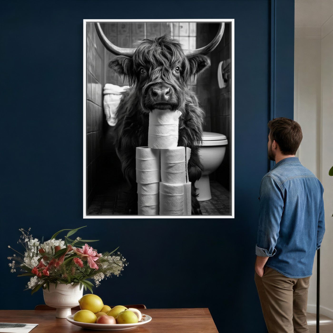 95909209-MGV-CV-24X36 - Highland Cow Toilet Paper Canvas Wall Art, Funny Bathroom Black White Print, Cute Animal Humor Decor, Quirky Farmhouse Bathroom Art, Cow Lover Gift