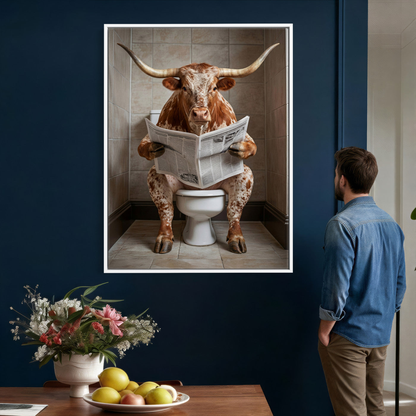 17728527-MGV-CV-24X36 - Funny Bathroom Canvas Wall Art, Texas Longhorn on Toilet Reading Newspaper, Humor Animal Print, Farmhouse Bathroom Decor, Quirky Cow Gift, Toilet Room Art