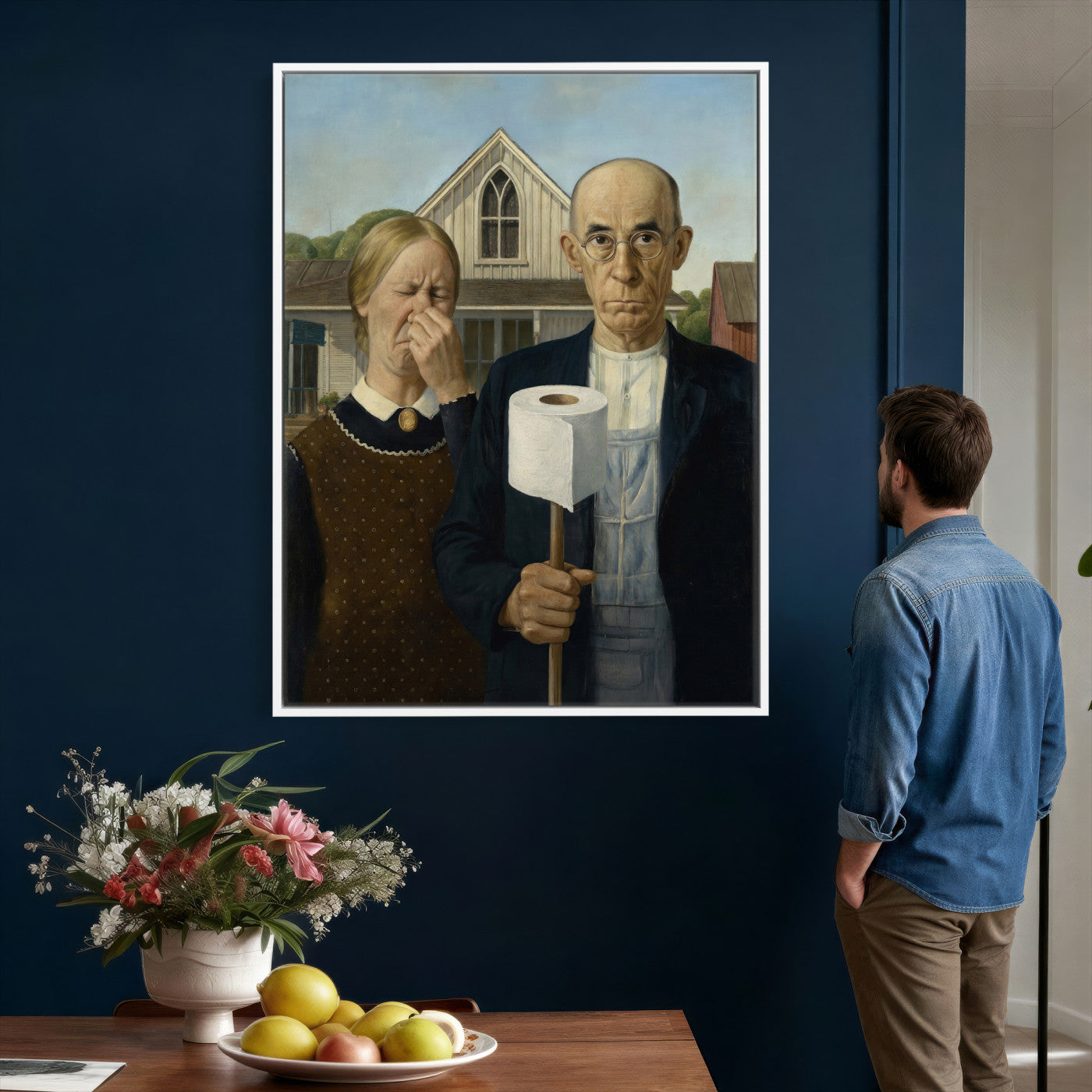 46805085-MGV-CV-24X36 - Funny Bathroom Canvas Wall Art, Grant Wood American Gothic Toilet Paper Parody Print, Humor Bathroom Decor, Classic Art Spoof, Quirky Housewarming Gift