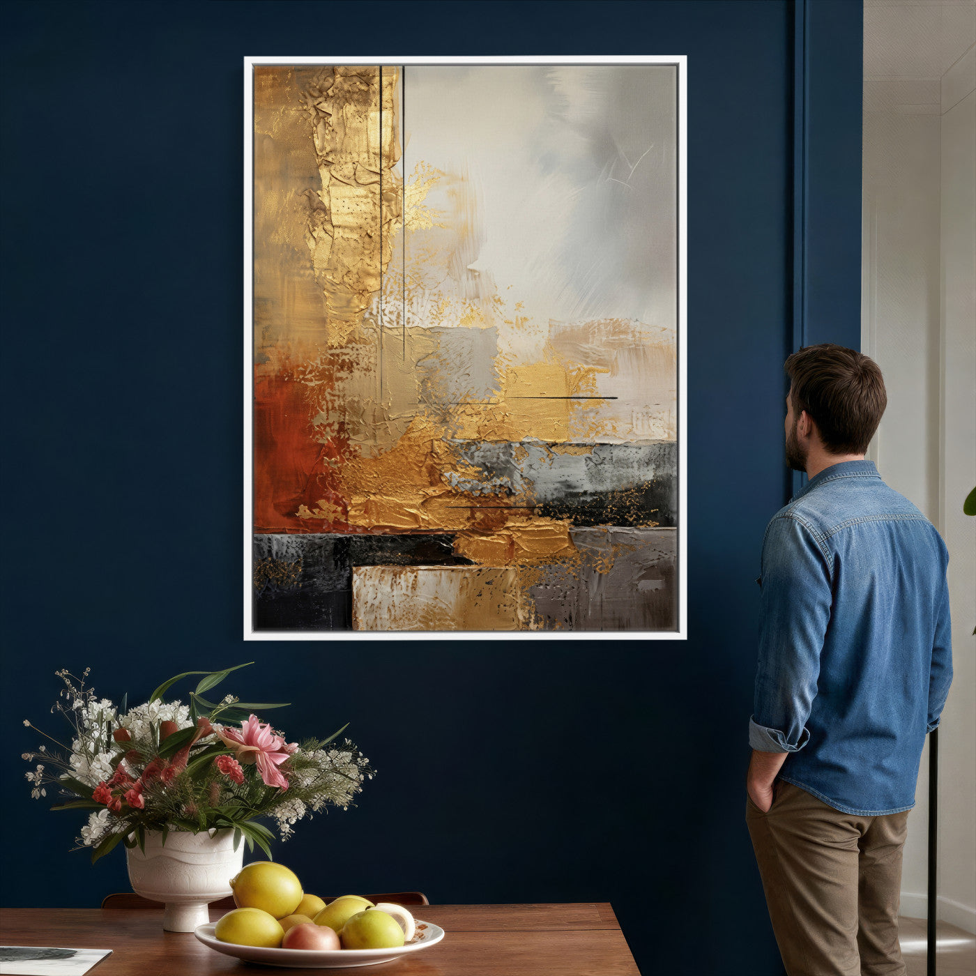 98453723G-MGV-CV-24X36 - Gold Abstract Canvas Wall Art, Luxury Textured Style Gold Leaf Painting Print, Modern Glam Decor, Gold Grey Rust Abstract Art, Living Room Statement Art