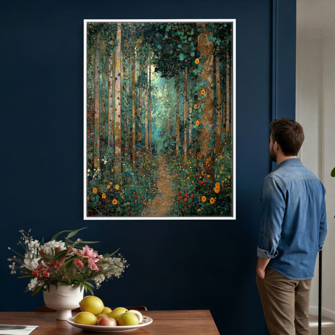 76587981-MGV-CV-24X36 - Gustav Klimt Style Forest Canvas Wall Art, Golden Forest Path Floral Art Nouveau Print, Enchanted Woodland Decor, Maximalist Colorful Nature Art