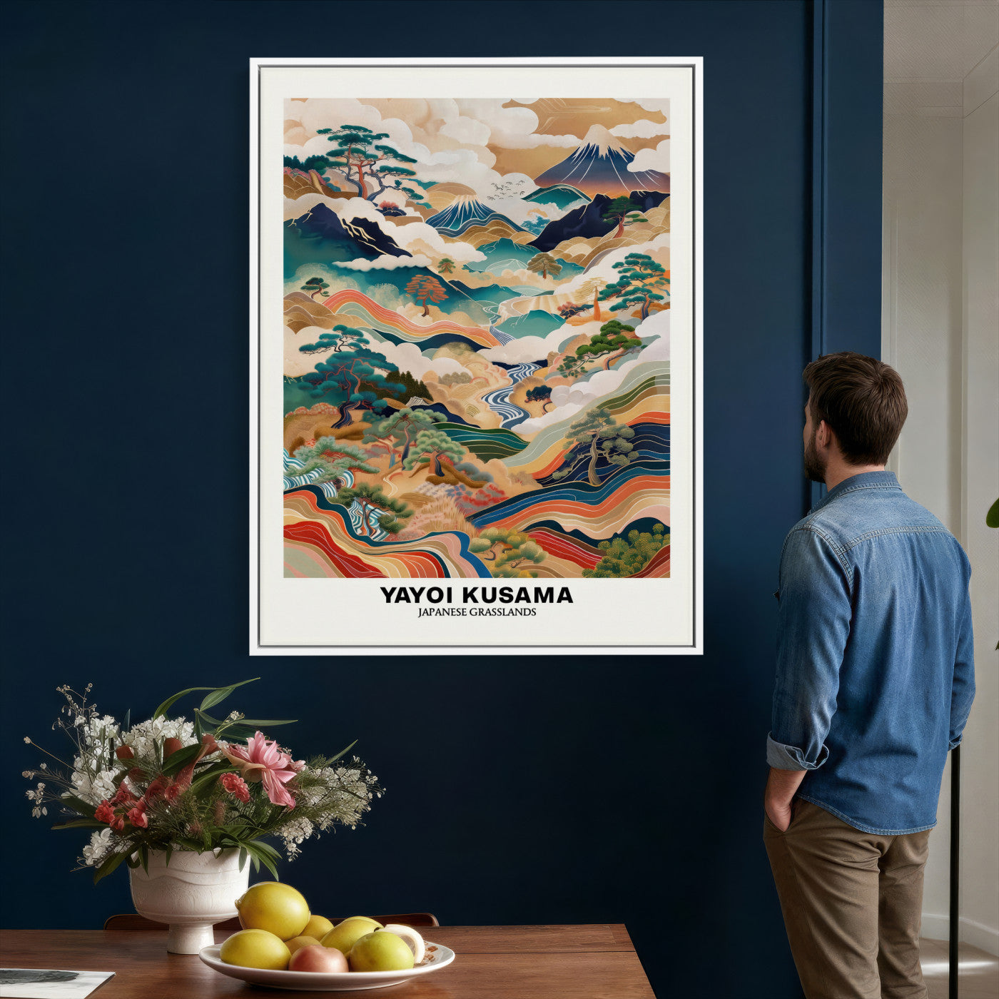 71553303-MGV-CV-24X36 - Yayoi Kusama Japanese Landscape Wall Art Canvas Print, Colorful Mountain and River Framed Artwork, Nature Inspired Asian Scenic Decor for Living Room Bedroom Office