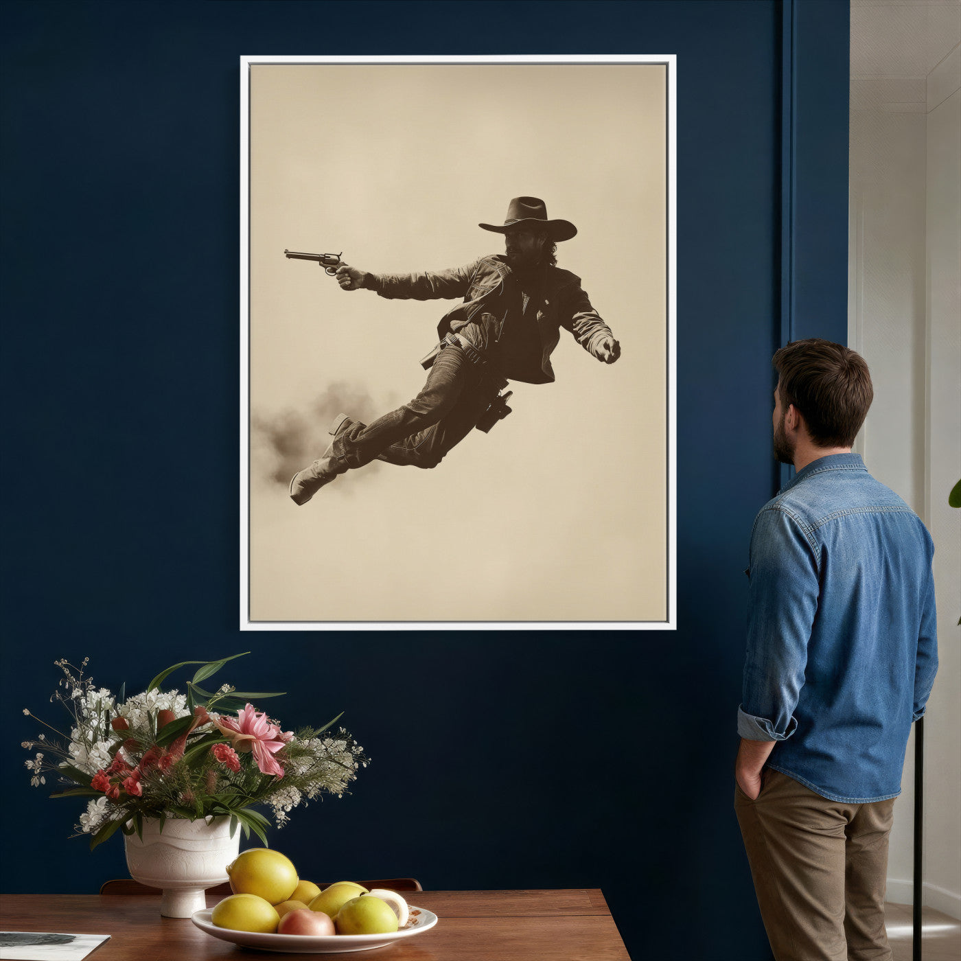 11948430CW-MGV-CV-24X36 - Cowboy Canvas Wall Art, Western Gunslinger Sepia Photo Print, Vintage Rustic Man Cave Decor, Wild West Cinematic Art, Living Room Wall Art