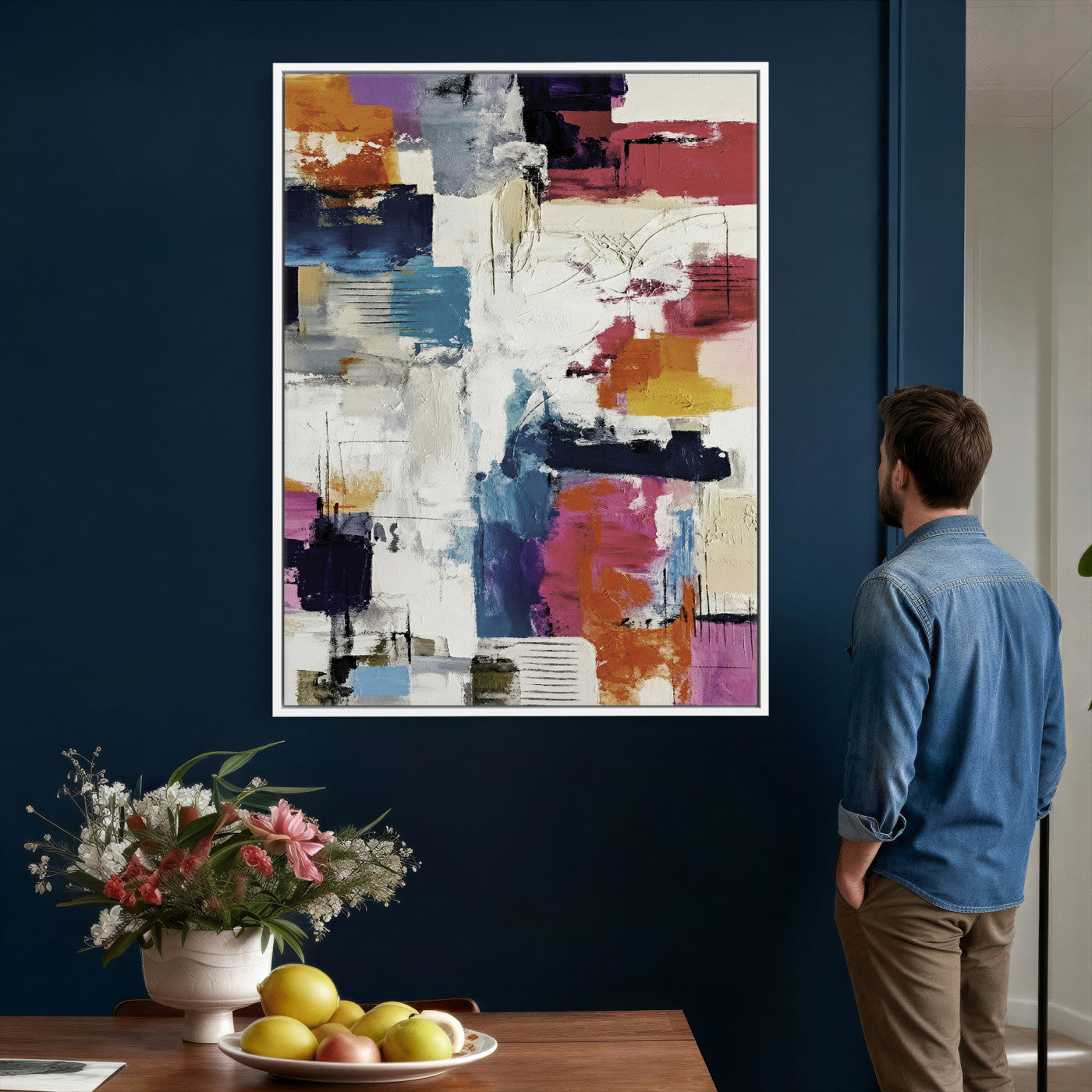 83175929-MGV-CV-24X36 - Blue Teal Abstract Canvas Wall Art, Modern Textured Painting Print, Navy Orange White Contemporary Art, Neutral Living Room Decor, Office Art