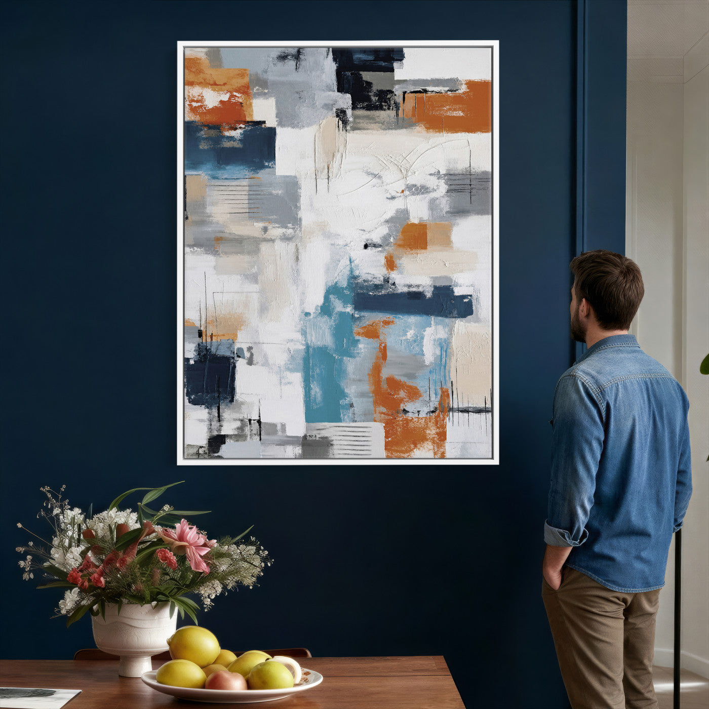 39825760-MGV-CV-24X36 - Blue Teal Abstract Canvas Wall Art, Modern Textured Painting Print, Navy Orange White Contemporary Art, Neutral Living Room Decor, Office Art