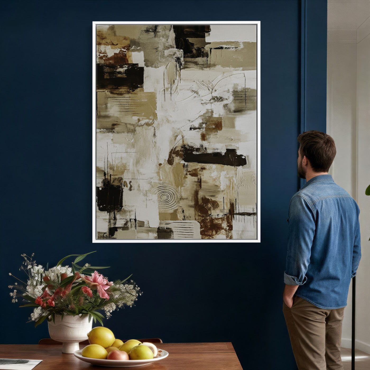 90644187-MGV-CV-24X36 - Blue Teal Abstract Canvas Wall Art, Modern Textured Painting Print, Navy Orange White Contemporary Art, Neutral Living Room Decor, Office Art