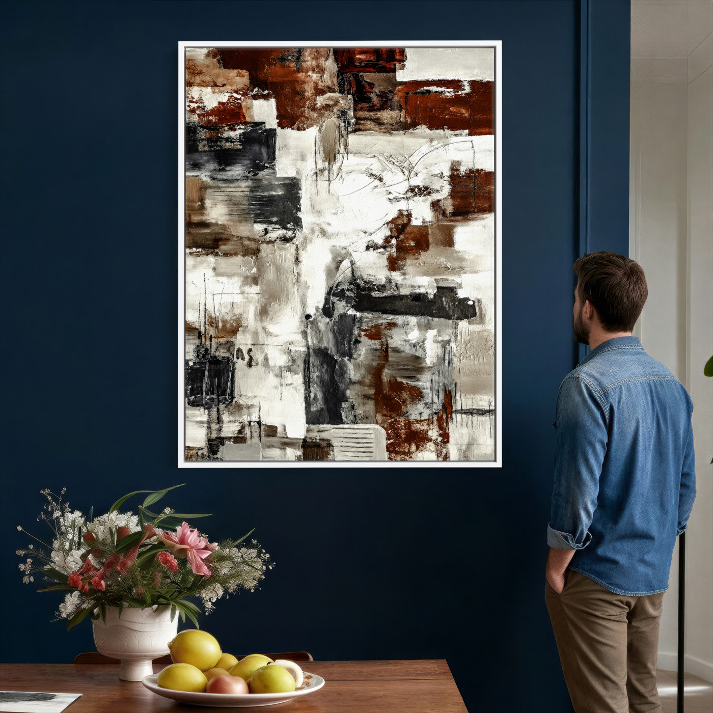 23953633-MGV-CV-24X36 - Blue Teal Abstract Canvas Wall Art, Modern Textured Painting Print, Navy Orange White Contemporary Art, Neutral Living Room Decor, Office Art