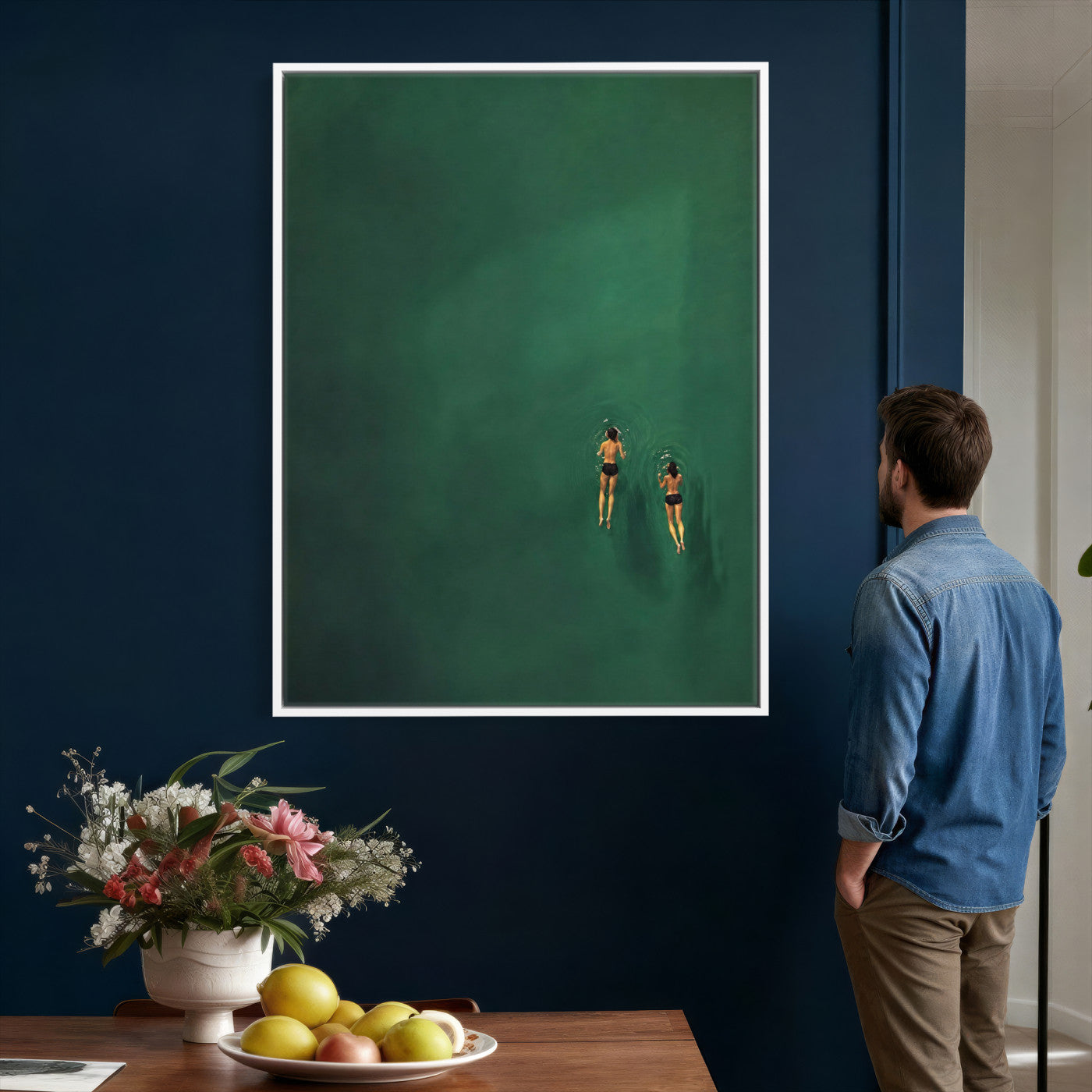 44711396-MGV-CV-24X36 - Minimalist Swimmers Canvas Wall Art Emerald Green Water Painting Print