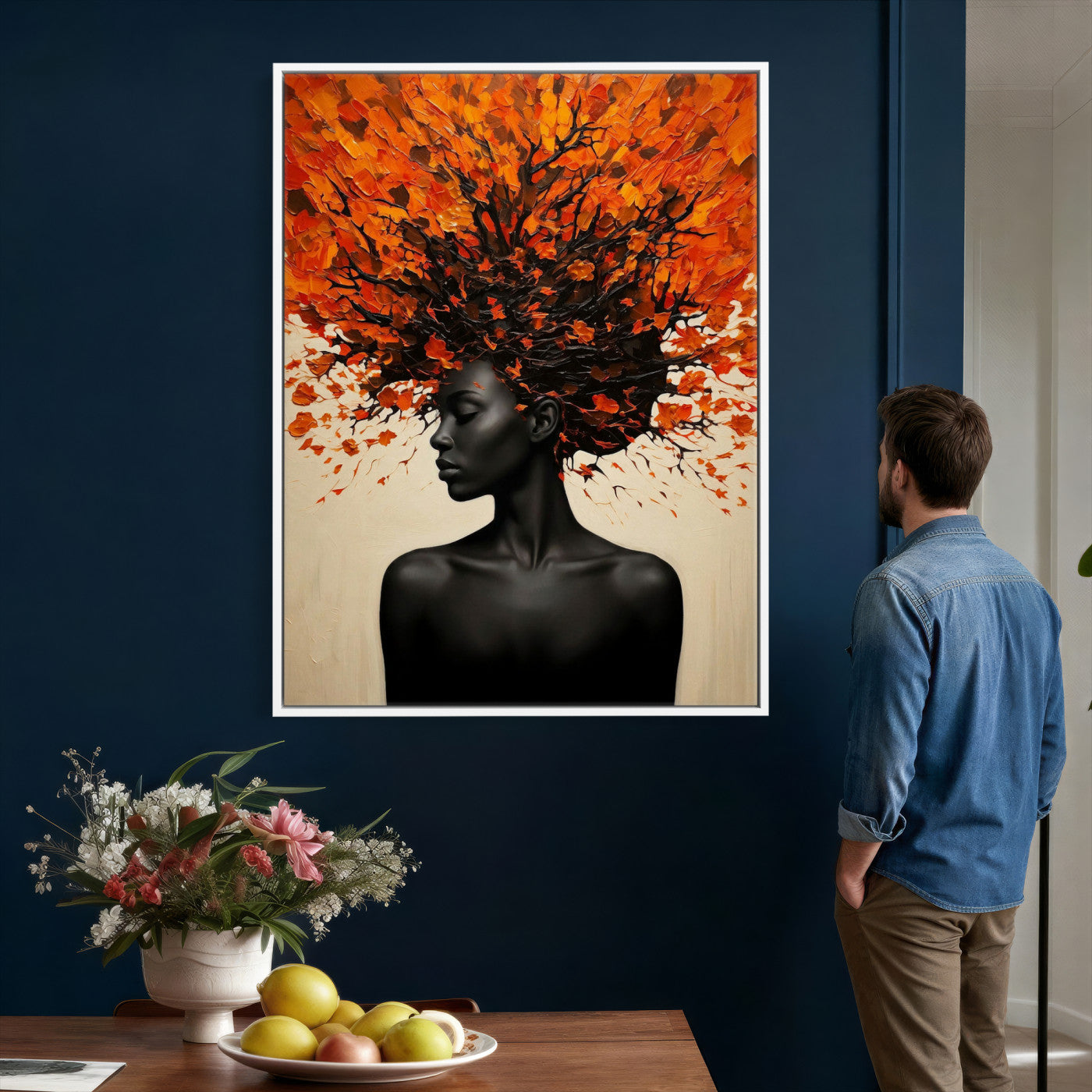 99995103-MGV-CV-24X36 - Black Woman Autumn Tree Canvas Wall Art Surreal African Portrait Painting Print