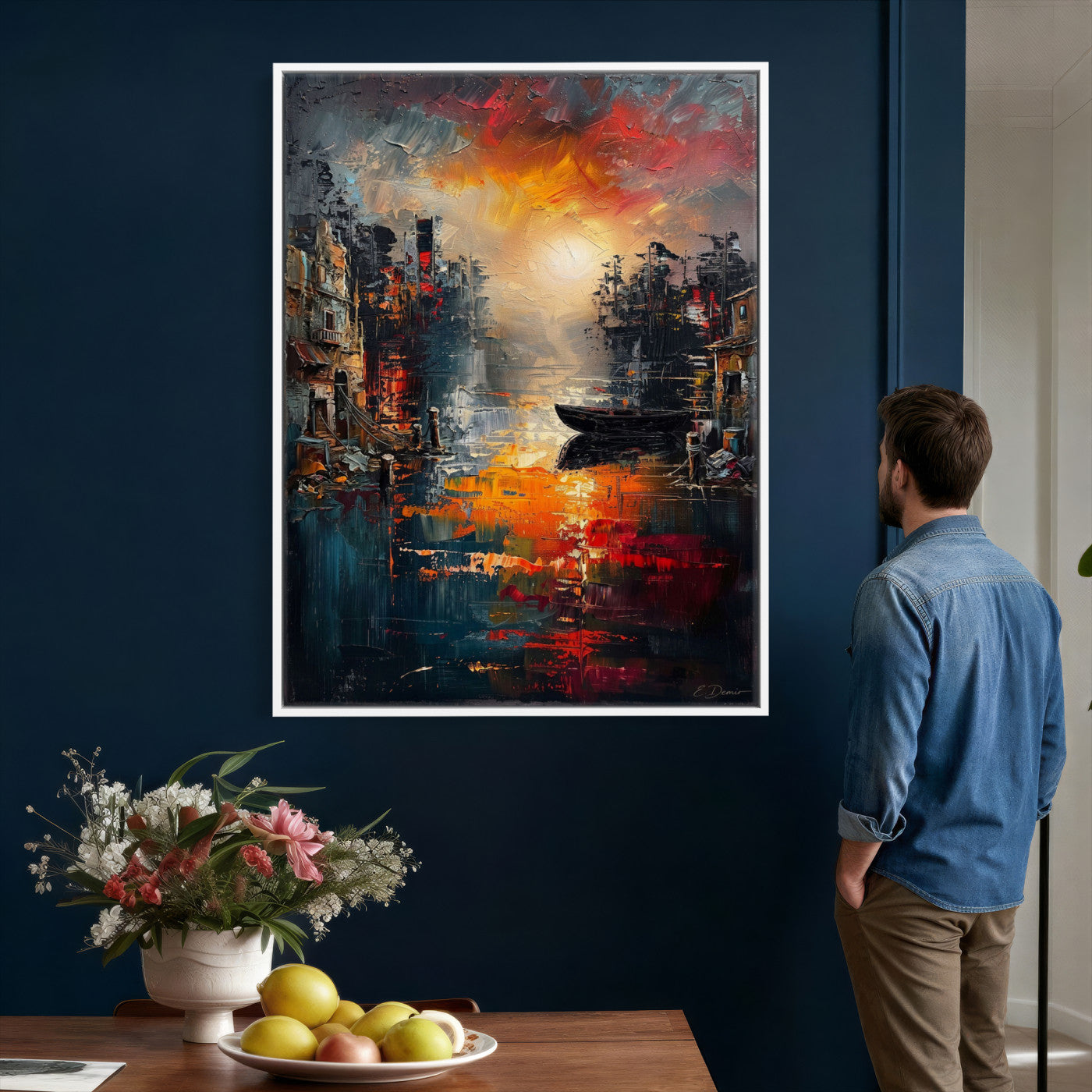 16611381-MGV-CV-24X36 - Vibrant Sunset Harbor Canvas Wall Art Abstract Cityscape Oil Painting Print