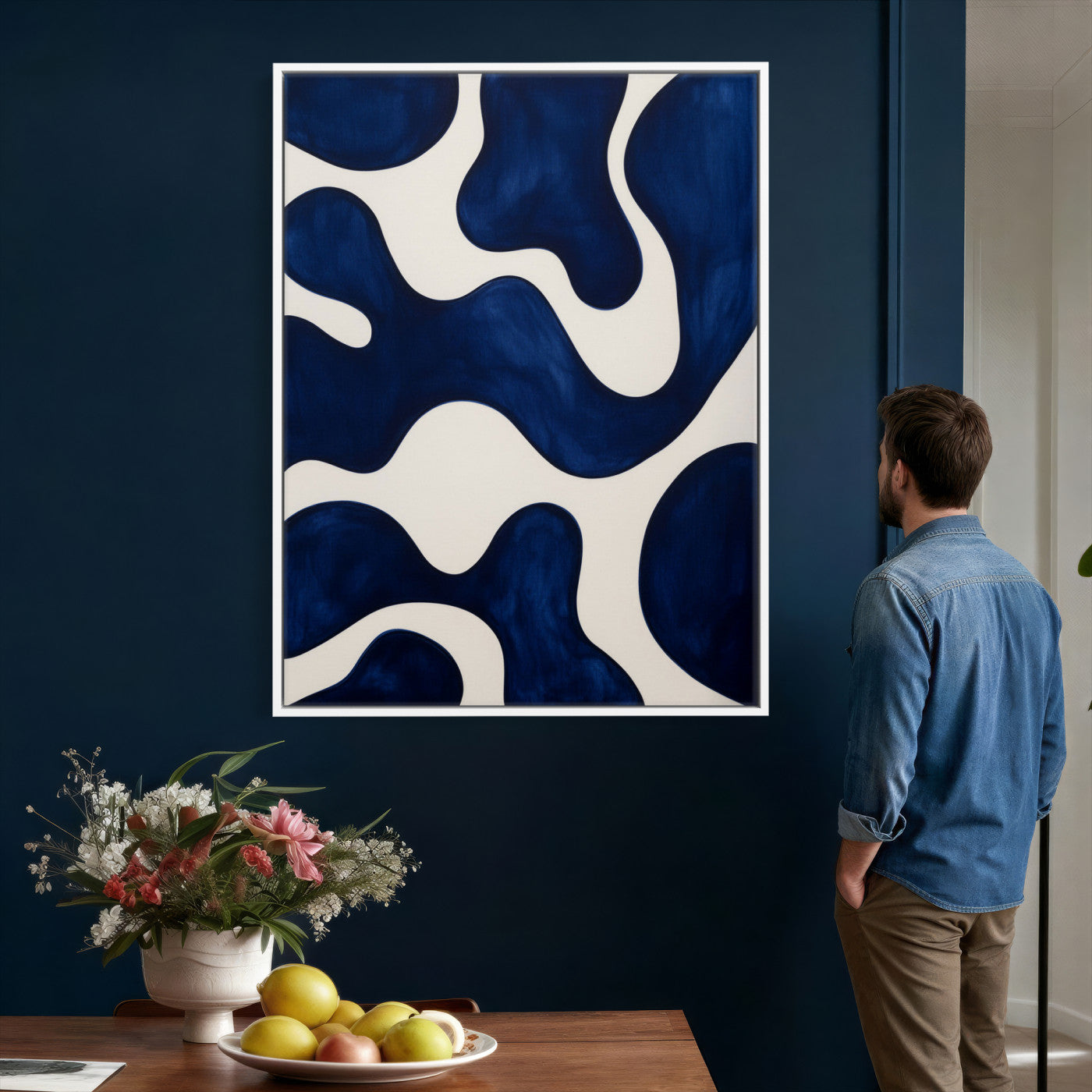 37225955-MGV-CV-24X36 - Minimalist Navy Blue Abstract Canvas Wall Art Organic Shapes Painting Print