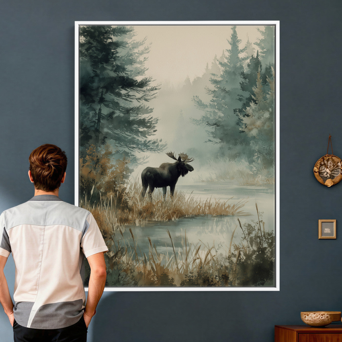 78345154-MGV-CV-24X36 - Watercolor Abstract Moose Forest Wall Art Canvas Print – Wildlife Nature Artwork Print for Living Room, Cabin, and Office Decor