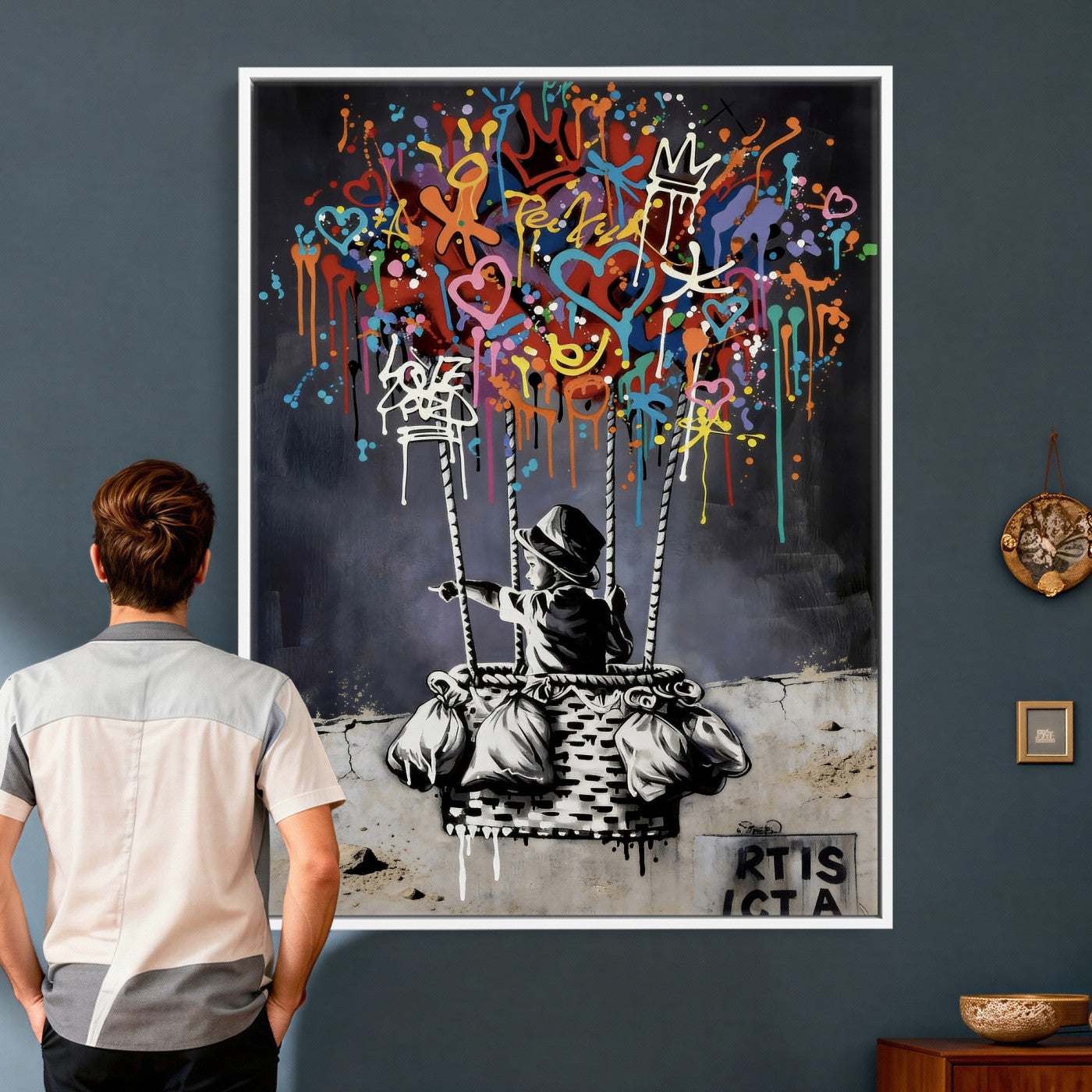 56325542-MGV-CV-24X36 - Banksy Inspired Boy Swing Wall Art Canvas Print, Graffiti Balloon Hearts Street Art, Colorful Urban Mural Artwork for Modern Living Room Decor