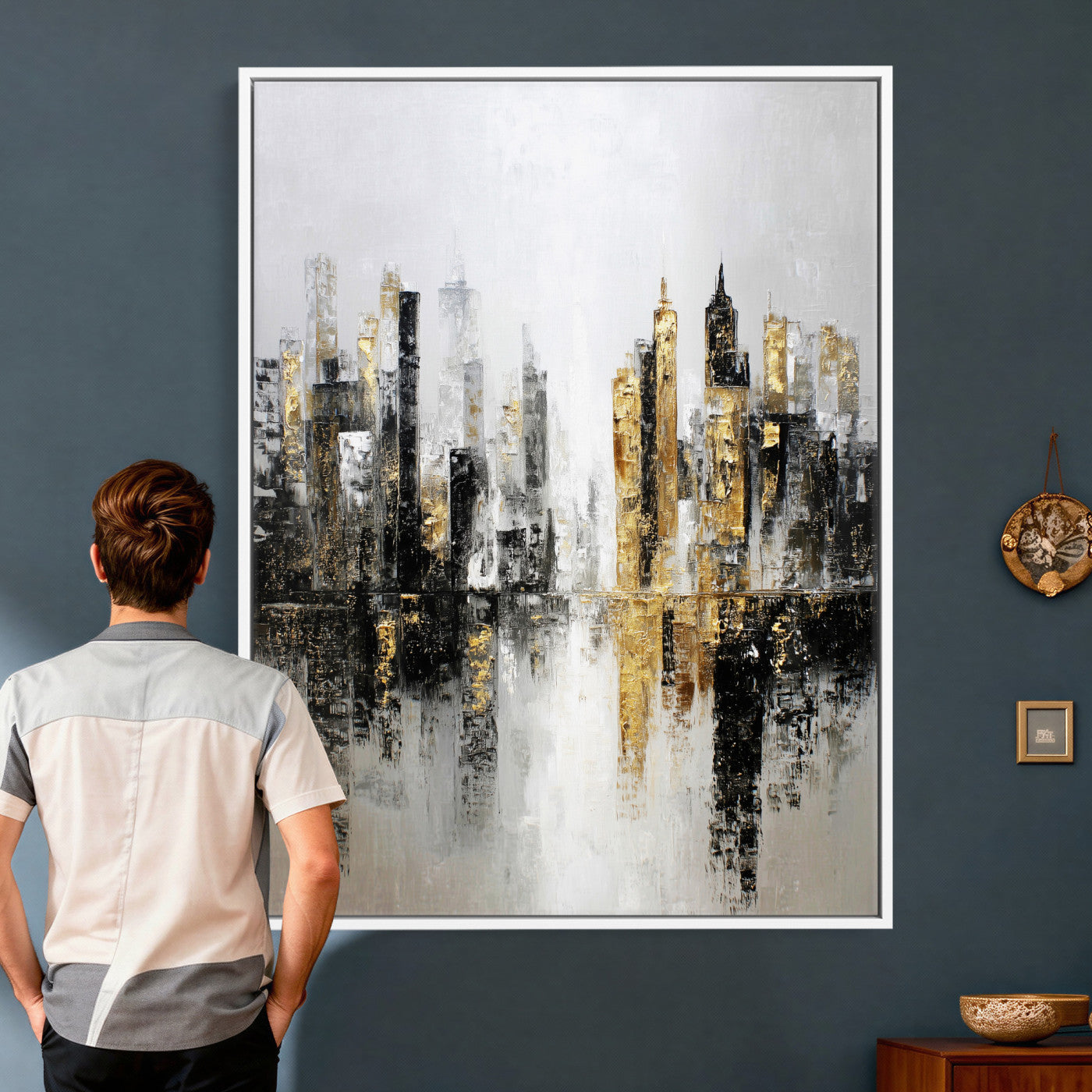 38126217-MGV-CV-24X36 - Abstract Urban Reflection Wall Art Canvas Print, Gold Black Modern Architecture Canvas Print, Contemporary Moody City Artwork for Living Room Decor
