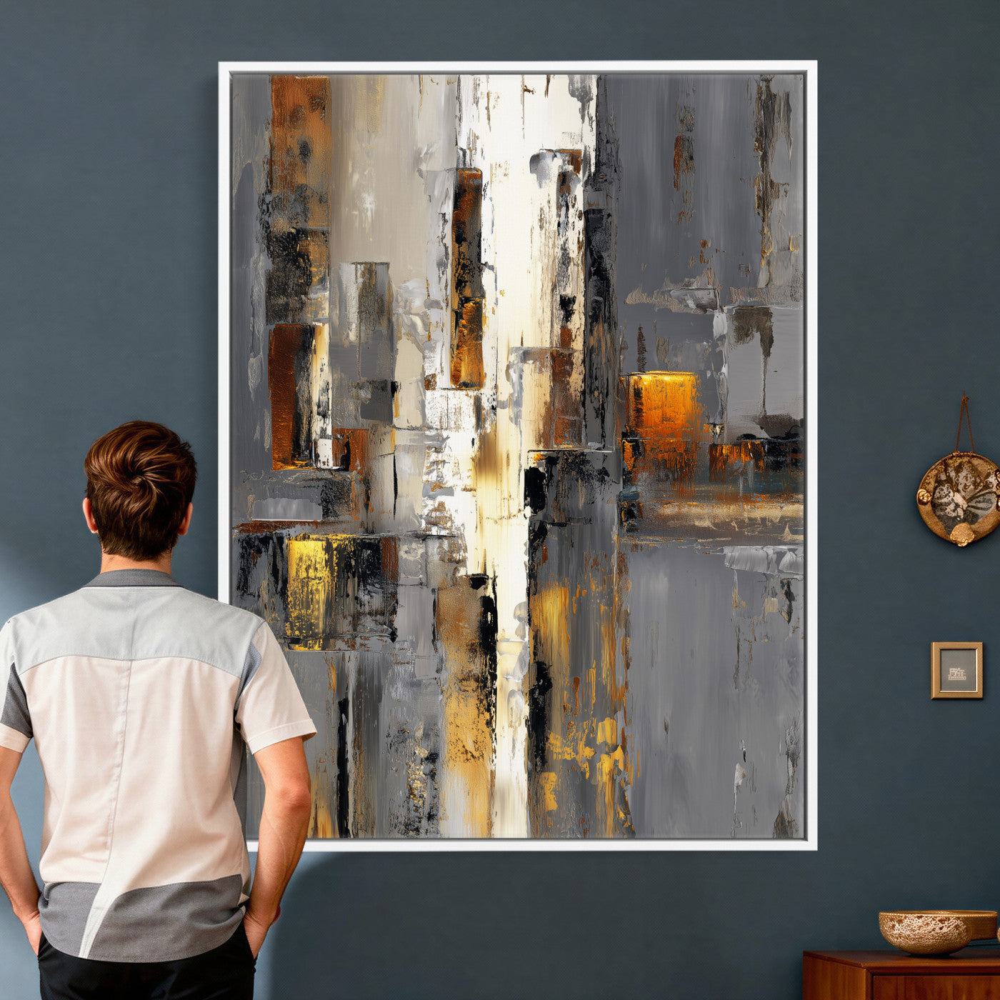 35992080-MGV-CV-24X36 - Abstract Urban Reflection Wall Art Canvas Print, Gold Black Modern Architecture Canvas Print, Contemporary Moody City Artwork for Living Room Decor