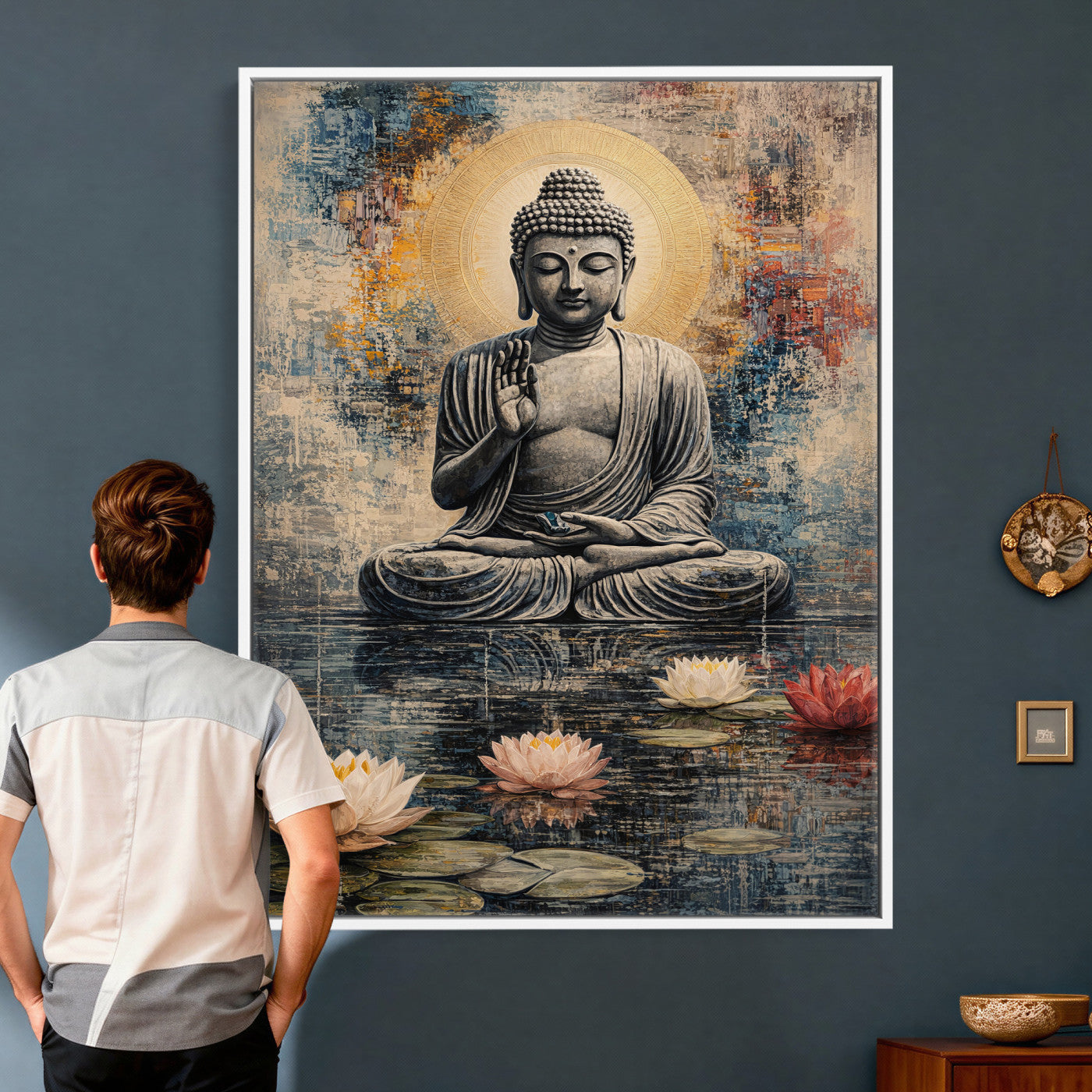 3812625445543-MGV-CV-24X36 - Serene Buddha with Lotus Flowers | Tranquil Meditation Art | Zen Wall Decor for Mindful Living Spaces | Spiritual Canvas Print