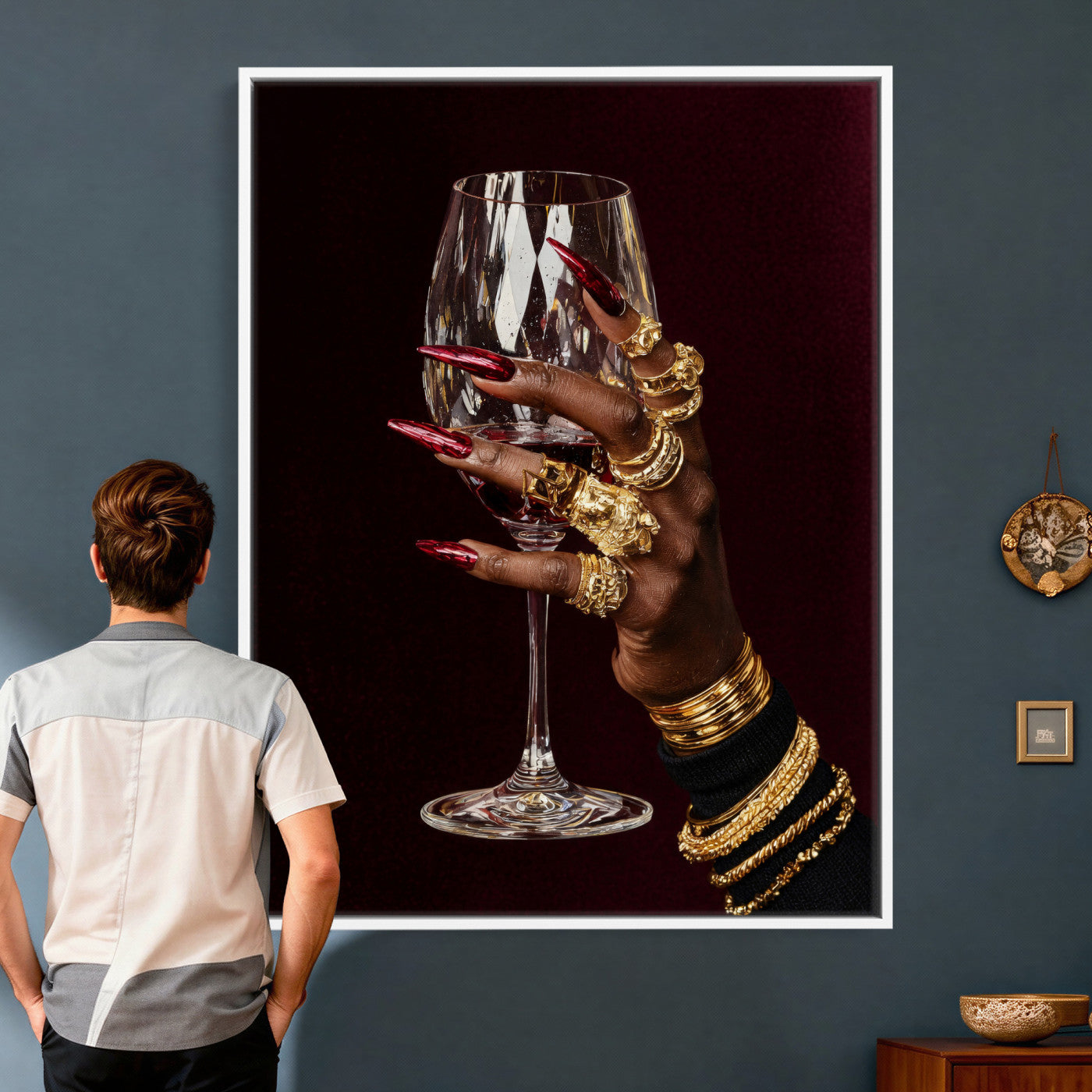 8151788Y6-MGV-CV-24X36 - Black Woman Holding Elegant Wine Glass Art, Black Girl Art, Black Woman Art, Trendy Black Girl Wall Art
