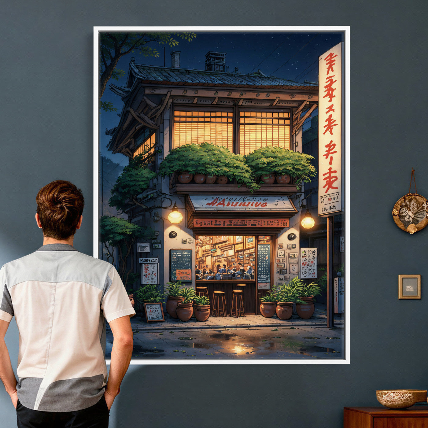 4712069TE1-MGV-CV-24X36 - Evening at the Ramen Shop Canvas Wall Art — Japan Night Anime Print | Japanese Restaurant Decor | Lofi Wall Art | Ramen Lover Gift