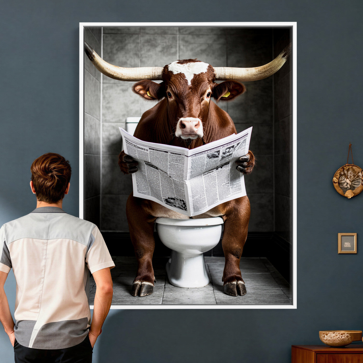 69808726-MGV-CV-24X36 - Texas Longhorn Cow Toilet Paper Canvas Wall Art, Funny Bathroom Black White Print, Cute Animal Humor Decor, Quirky Farmhouse Bathroom Art, Cow Lover Gift