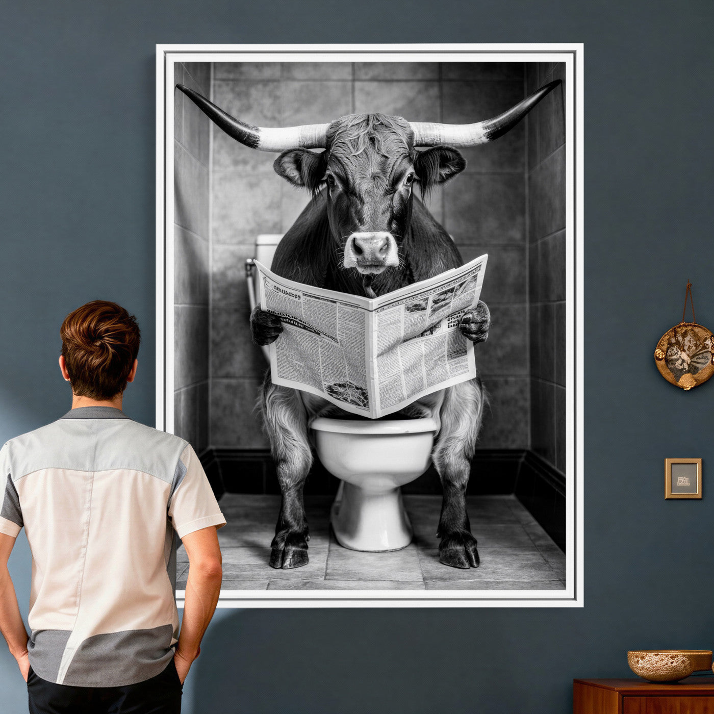 77994492-MGV-CV-24X36 - Texas Longhorn Cow Toilet Paper Canvas Wall Art, Funny Bathroom Black White Print, Cute Animal Humor Decor, Quirky Farmhouse Bathroom Art, Cow Lover Gift