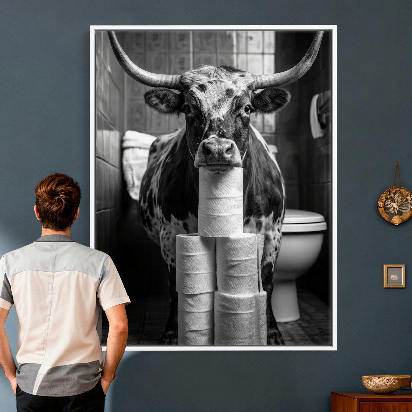 79259956-MGV-CV-24X36 - Texas Longhorn Cow Toilet Paper Canvas Wall Art, Funny Bathroom Black White Print, Cute Animal Humor Decor, Quirky Farmhouse Bathroom Art, Cow Lover Gift