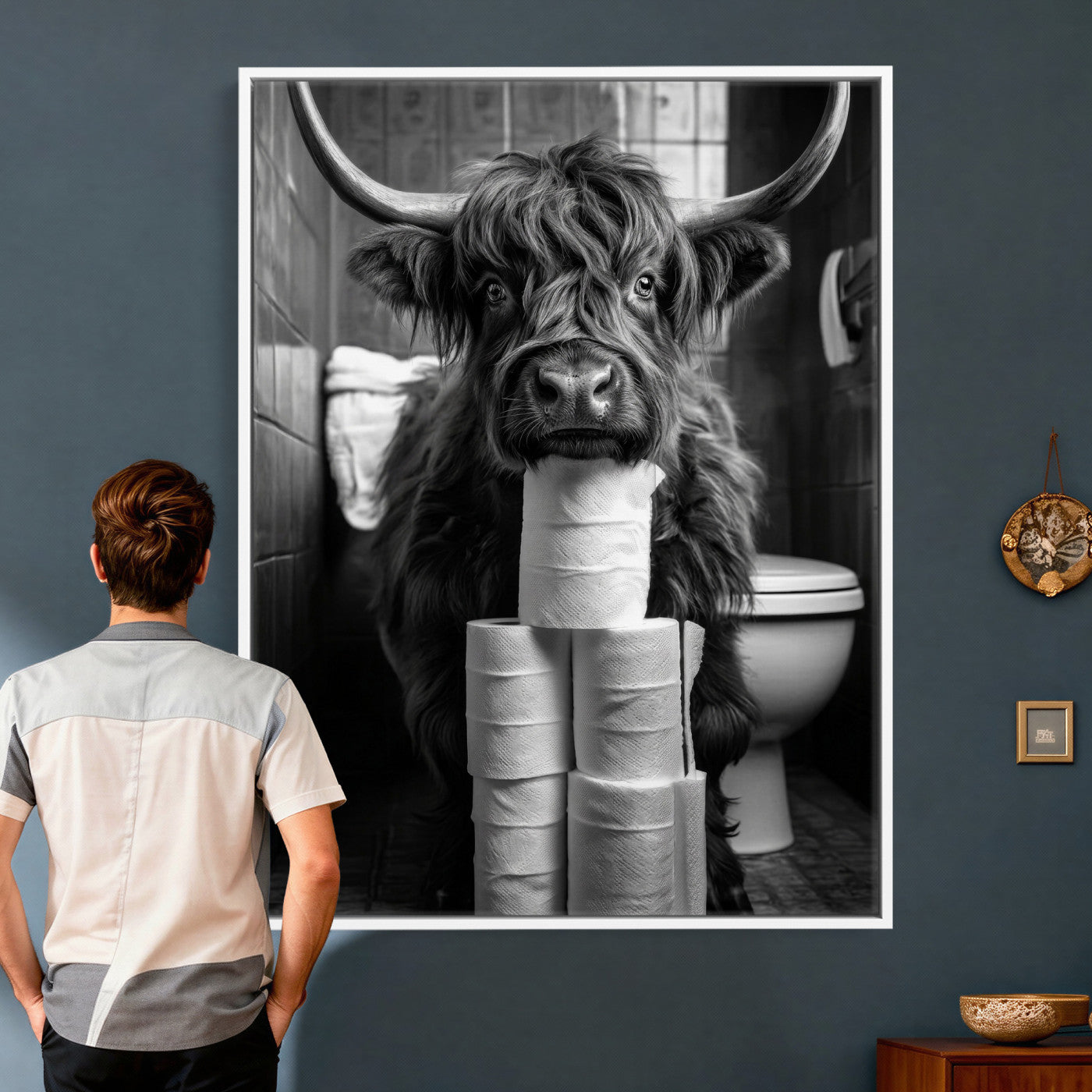 95909209-MGV-CV-24X36 - Highland Cow Toilet Paper Canvas Wall Art, Funny Bathroom Black White Print, Cute Animal Humor Decor, Quirky Farmhouse Bathroom Art, Cow Lover Gift