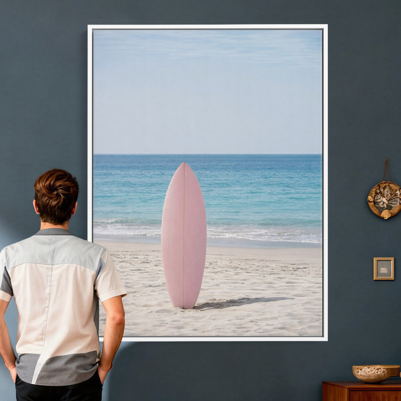 17265103-MGV-CV-24X36 - Pink Surfboard Canvas Wall Art, Minimalist Beach Photography Print, Pastel Ocean Coastal Decor, Girl Beach Room Art, Aesthetic Summer Wall Print