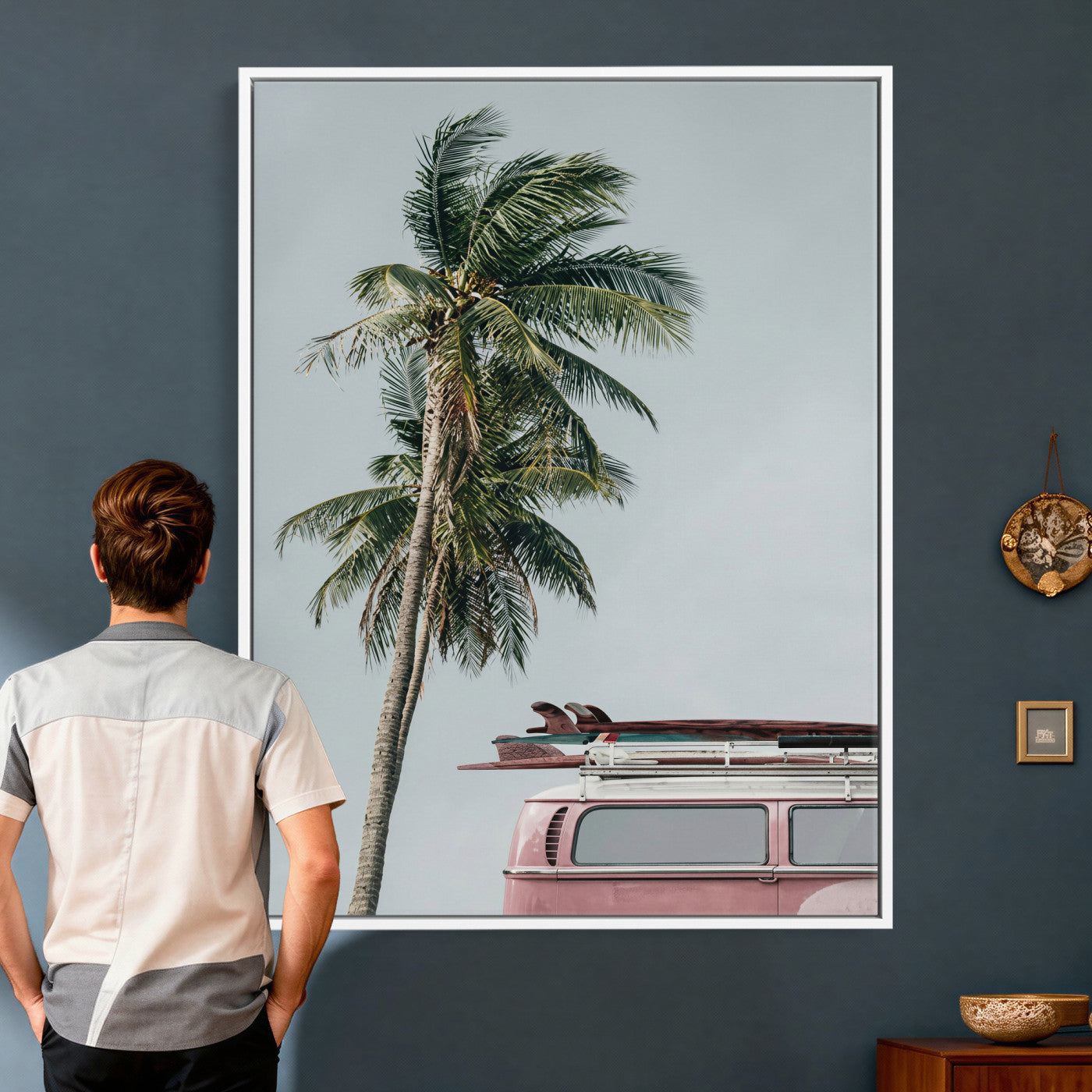73117797-MGV-CV-24X36 - VW Van Palm Tree Canvas Wall Art, Pink Camper Surfboards Beach Print, Retro Surf Photography Decor, Coastal Boho Wall Art, Surfer Gift Idea