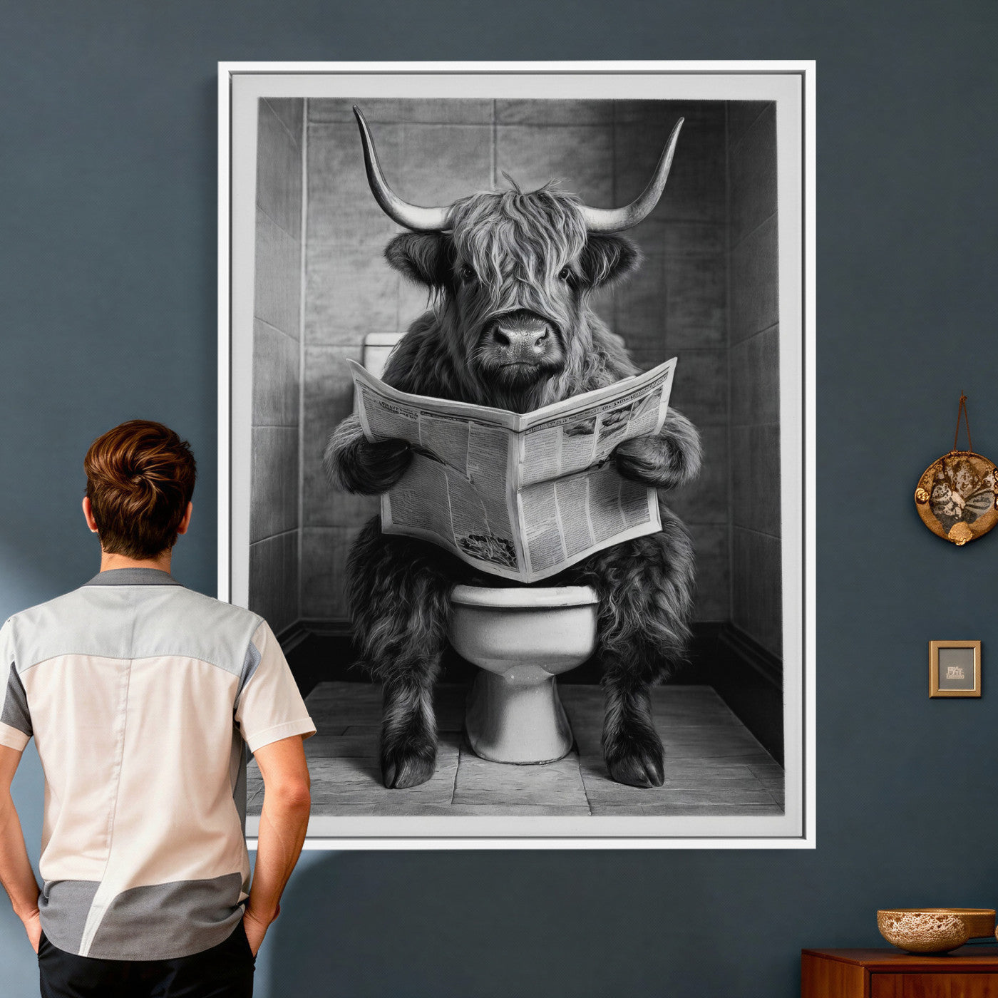 56930218-MGV-CV-24X36 - Funny Bathroom Canvas Wall Art, Texas Longhorn on Toilet Reading Newspaper, Humor Animal Print, Farmhouse Bathroom Decor, Quirky Cow Gift, Toilet Room Art