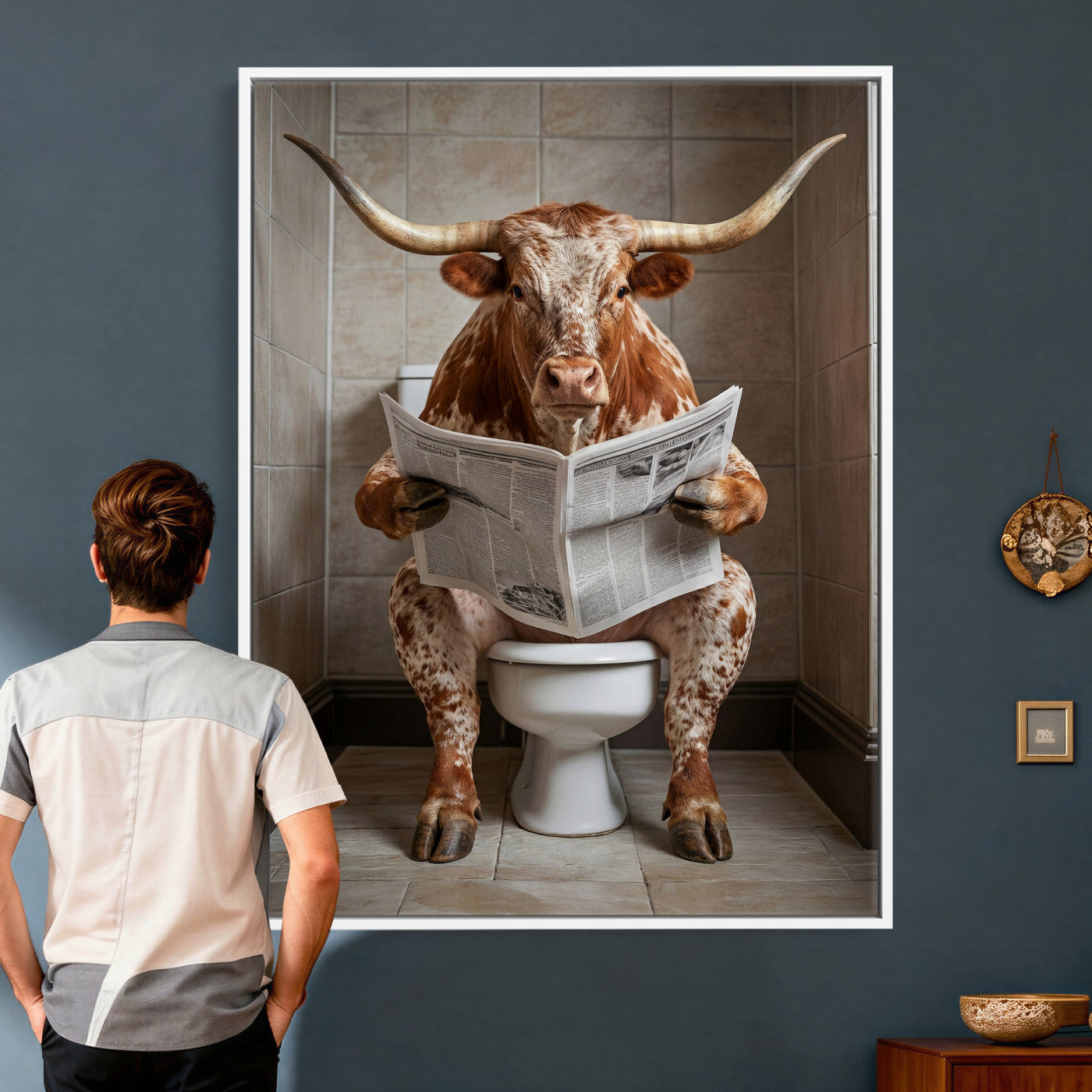 17728527-MGV-CV-24X36 - Funny Bathroom Canvas Wall Art, Texas Longhorn on Toilet Reading Newspaper, Humor Animal Print, Farmhouse Bathroom Decor, Quirky Cow Gift, Toilet Room Art