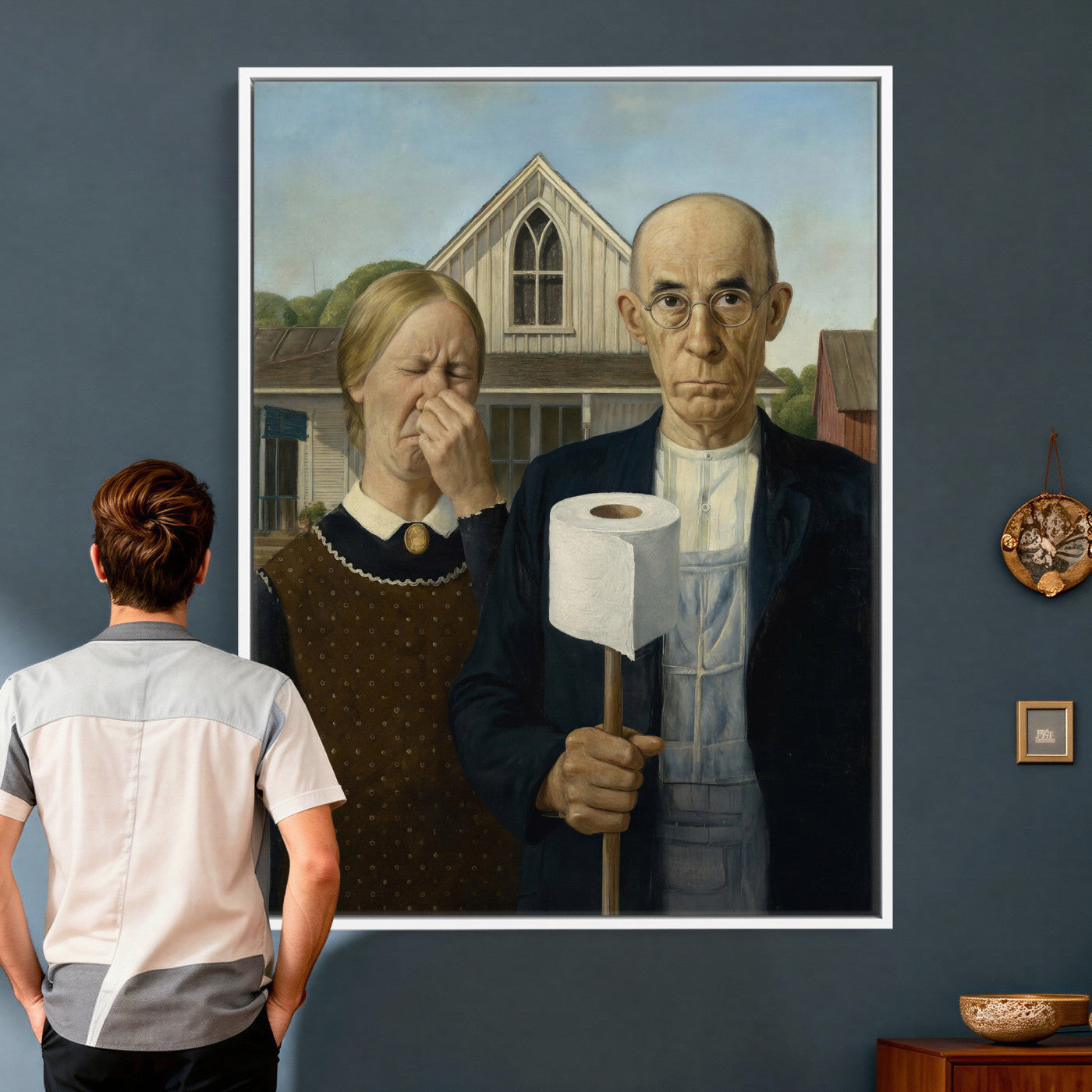 46805085-MGV-CV-24X36 - Funny Bathroom Canvas Wall Art, Grant Wood American Gothic Toilet Paper Parody Print, Humor Bathroom Decor, Classic Art Spoof, Quirky Housewarming Gift