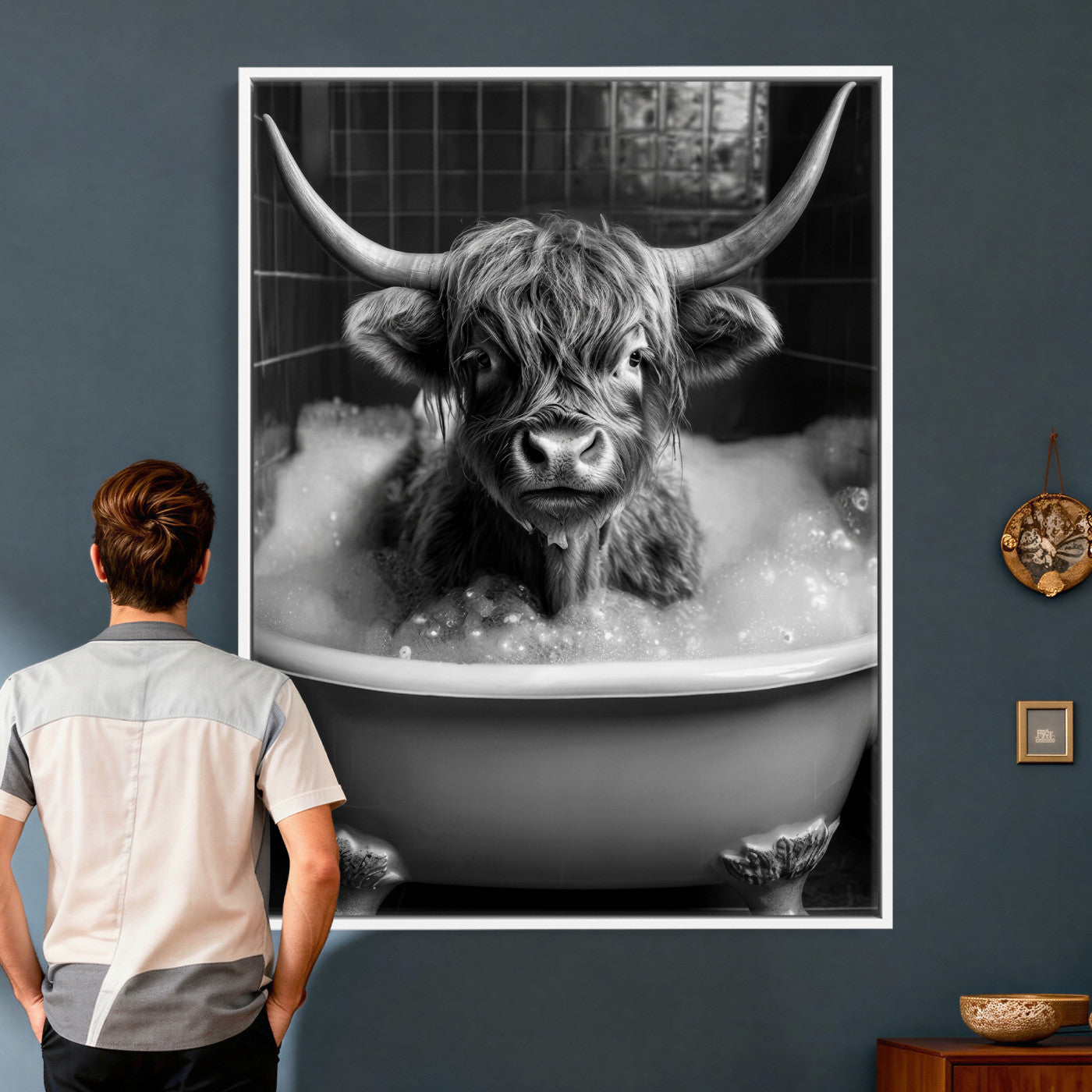 44020264-MGV-CV-24X36 - Highland Cow Bathtub Canvas Wall Art, Funny Bathroom Print Black White, Grumpy Cow Bubble Bath Decor, Animal Bathroom Art, Farmhouse Humor Print, Cute Cow Gift