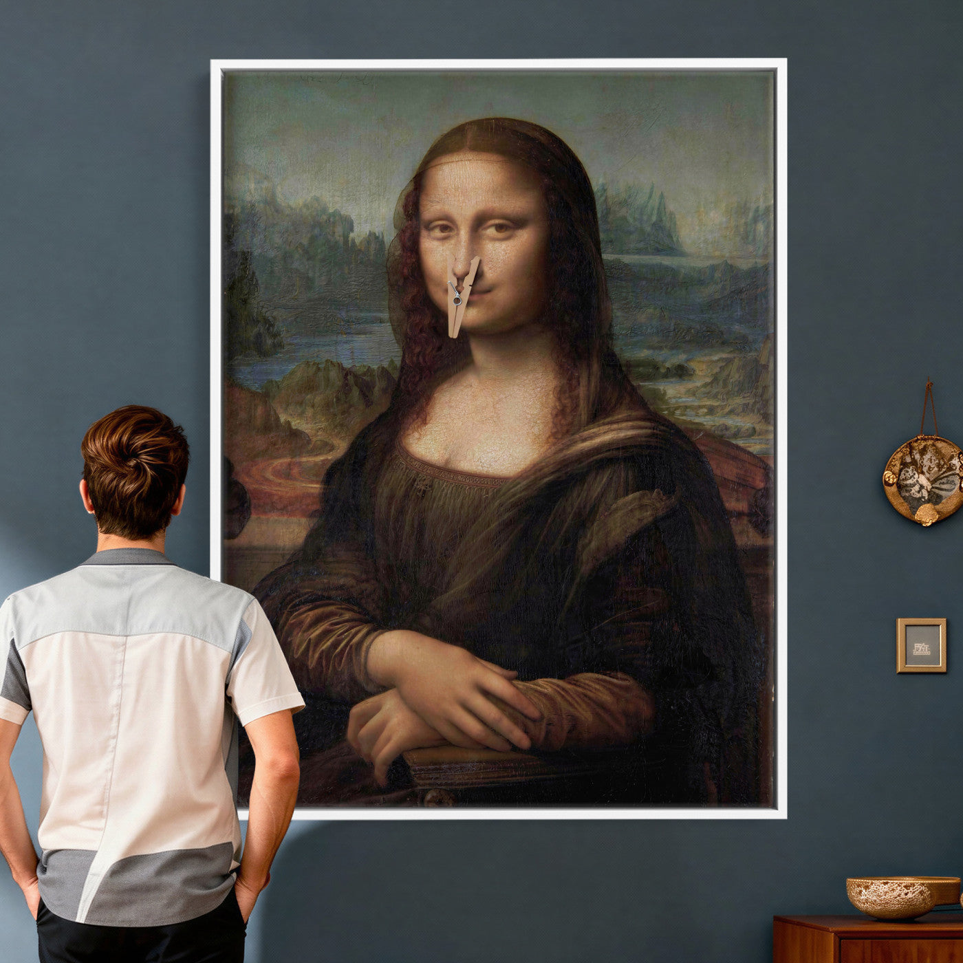 59125950-MGV-CV-24X36 - Funny Bathroom Canvas Wall Art Print, Mona Lisa Clothespin Nose Humor Decor, Classic Art Parody, Toilet Room Wall Art, Quirky Housewarming Gift, Eclectic Home Decor