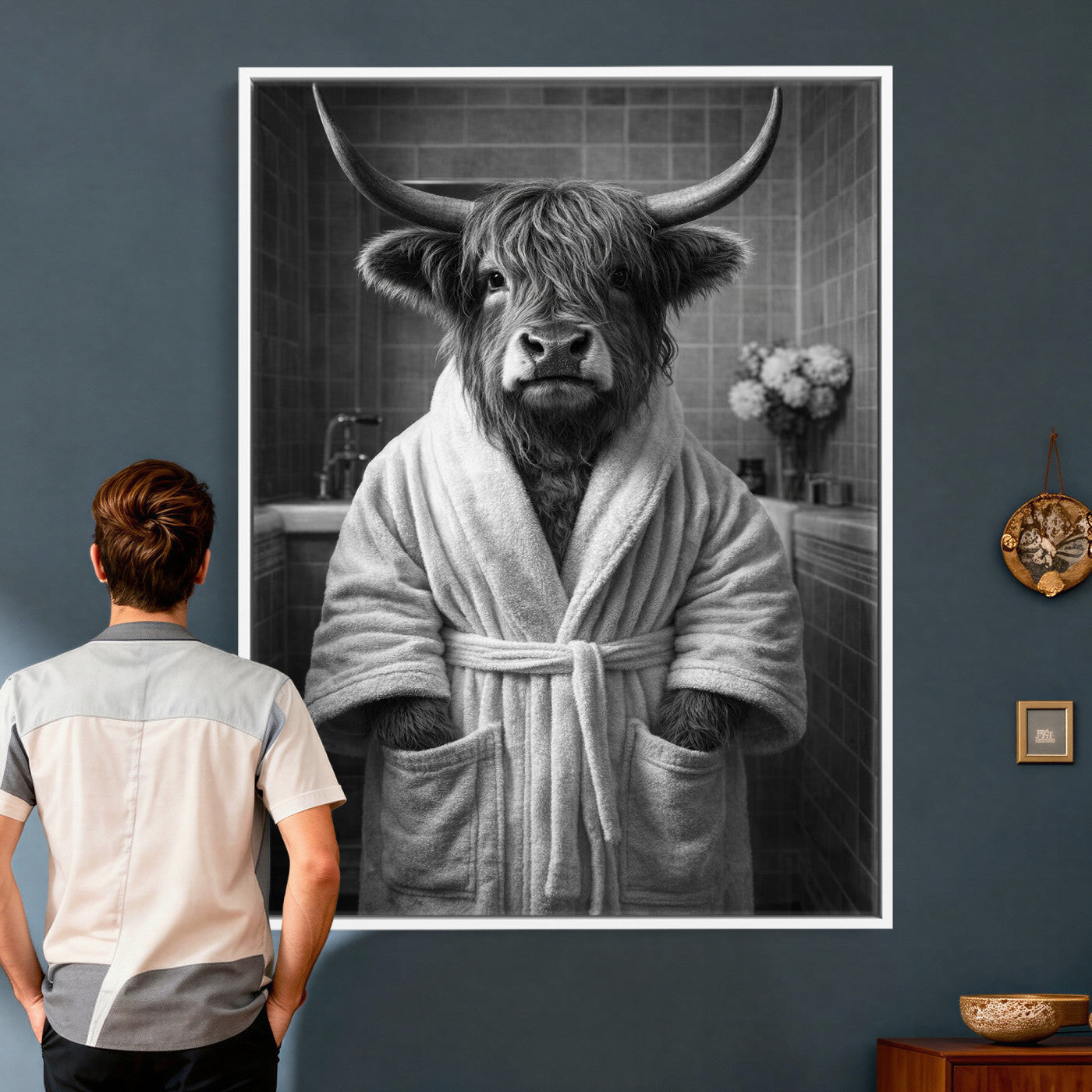 98453723-MGV-CV-24X36 - Funny Bathroom Wall Art Canvas Print, Highland Cow in Bathrobe, Black and White Humor Decor, Animal Bathroom Print, Farmhouse Bathroom Art