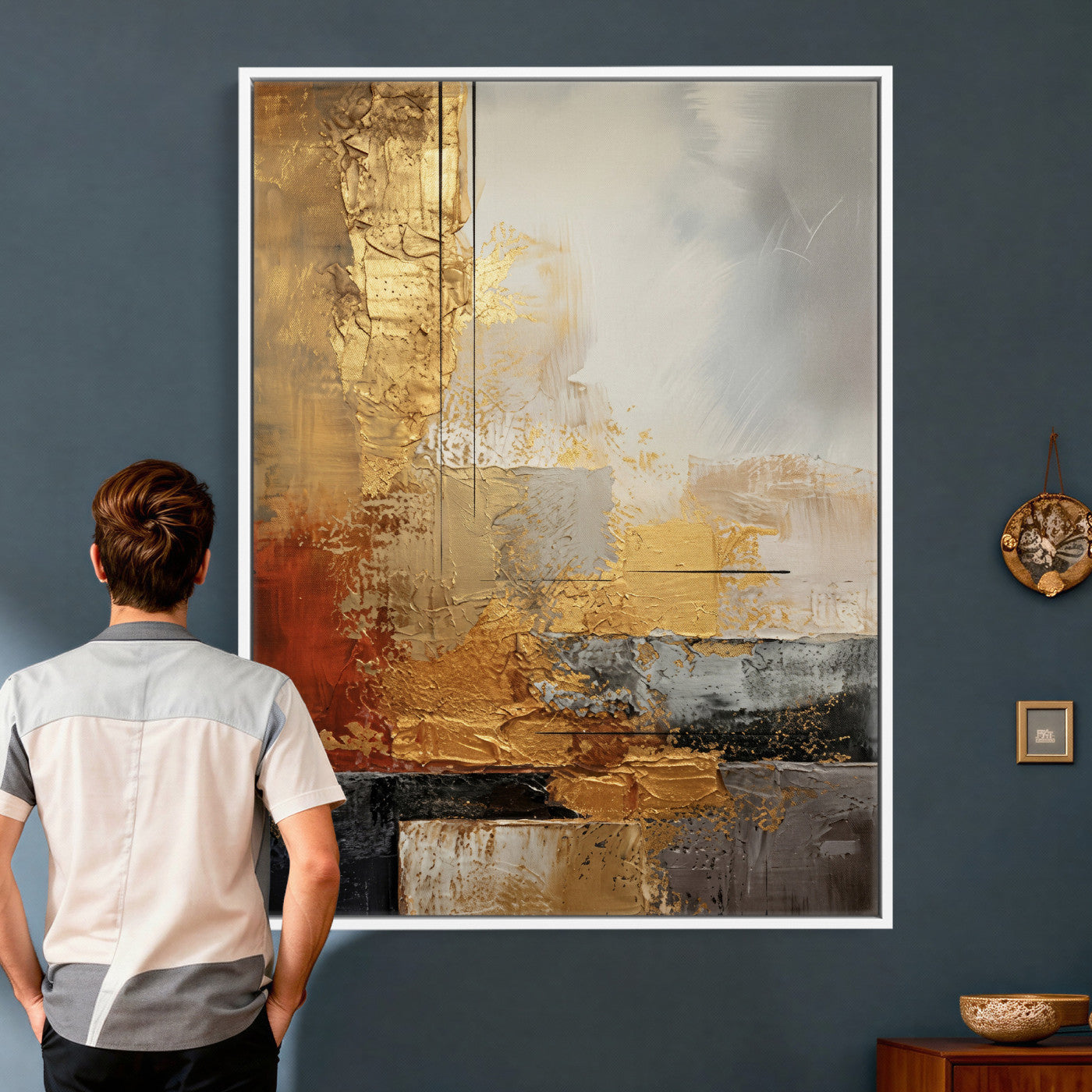 98453723G-MGV-CV-24X36 - Gold Abstract Canvas Wall Art, Luxury Textured Style Gold Leaf Painting Print, Modern Glam Decor, Gold Grey Rust Abstract Art, Living Room Statement Art