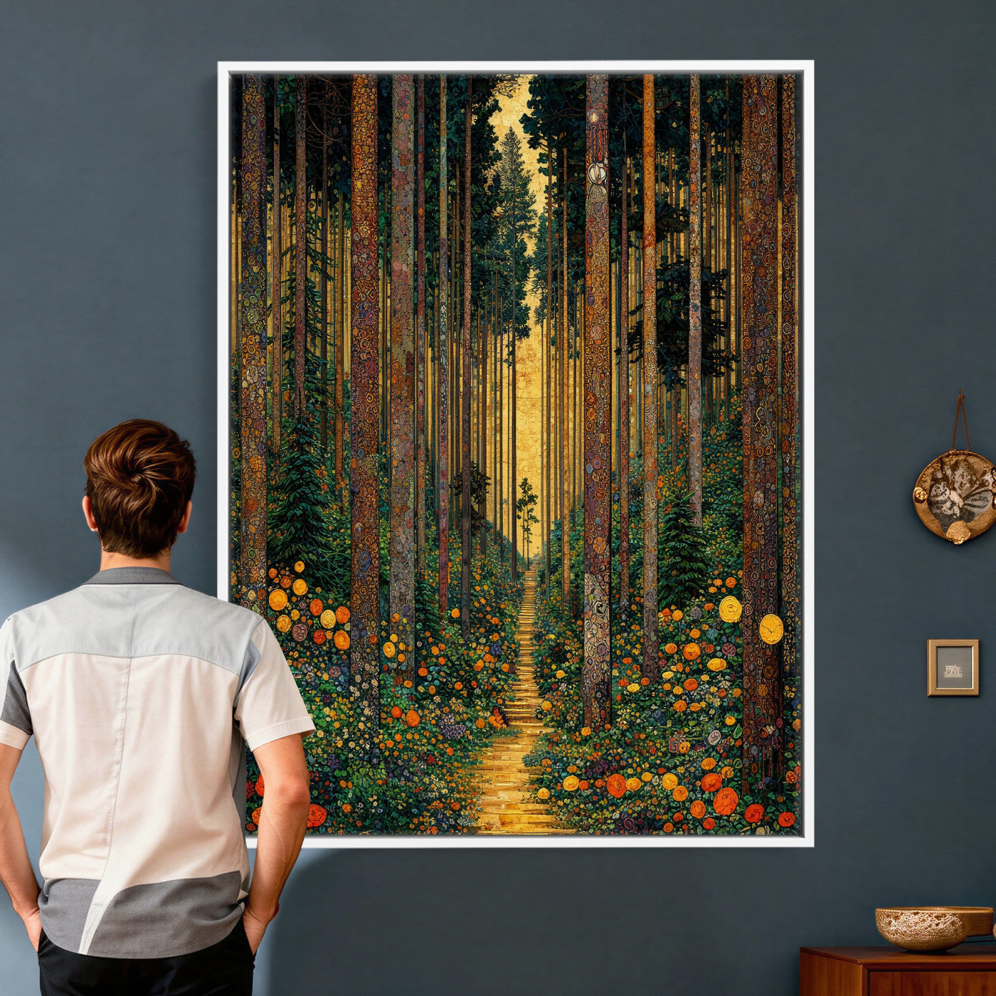 14391546-MGV-CV-24X36 - Gustav Klimt Style Forest Canvas Wall Art, Golden Forest Path Floral Art Nouveau Print, Enchanted Woodland Decor, Maximalist Colorful Nature Art