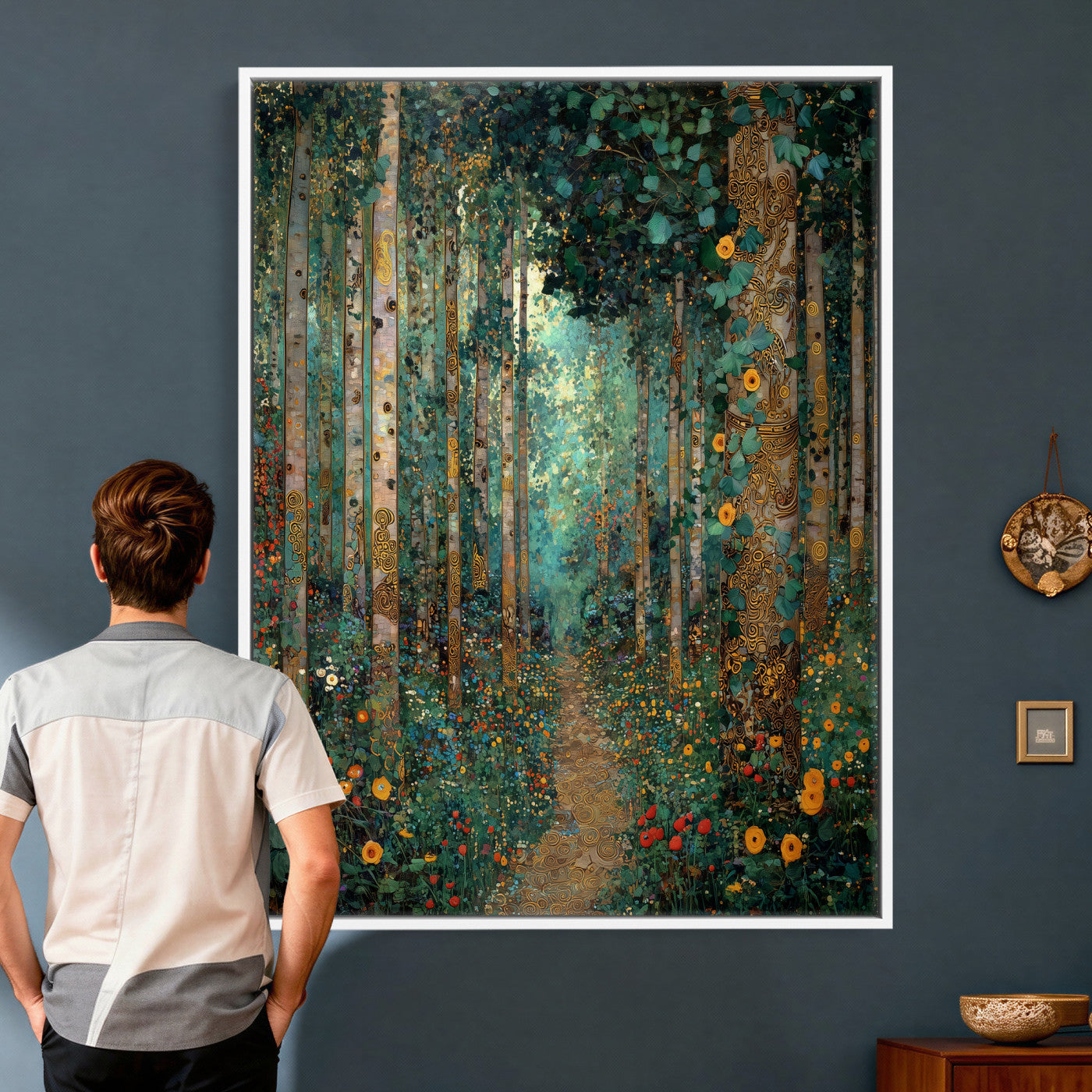 76587981-MGV-CV-24X36 - Gustav Klimt Style Forest Canvas Wall Art, Golden Forest Path Floral Art Nouveau Print, Enchanted Woodland Decor, Maximalist Colorful Nature Art