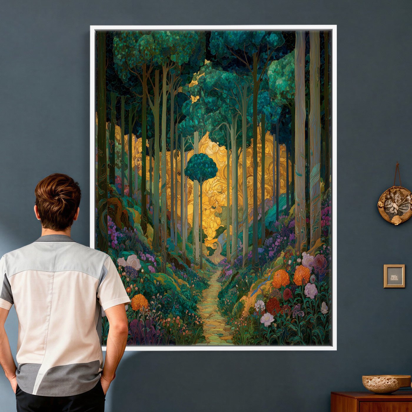 70159913-MGV-CV-24X36 - Gustav Klimt Style Forest Canvas Wall Art, Golden Forest Path Floral Art Nouveau Print, Enchanted Woodland Decor, Maximalist Colorful Nature Art