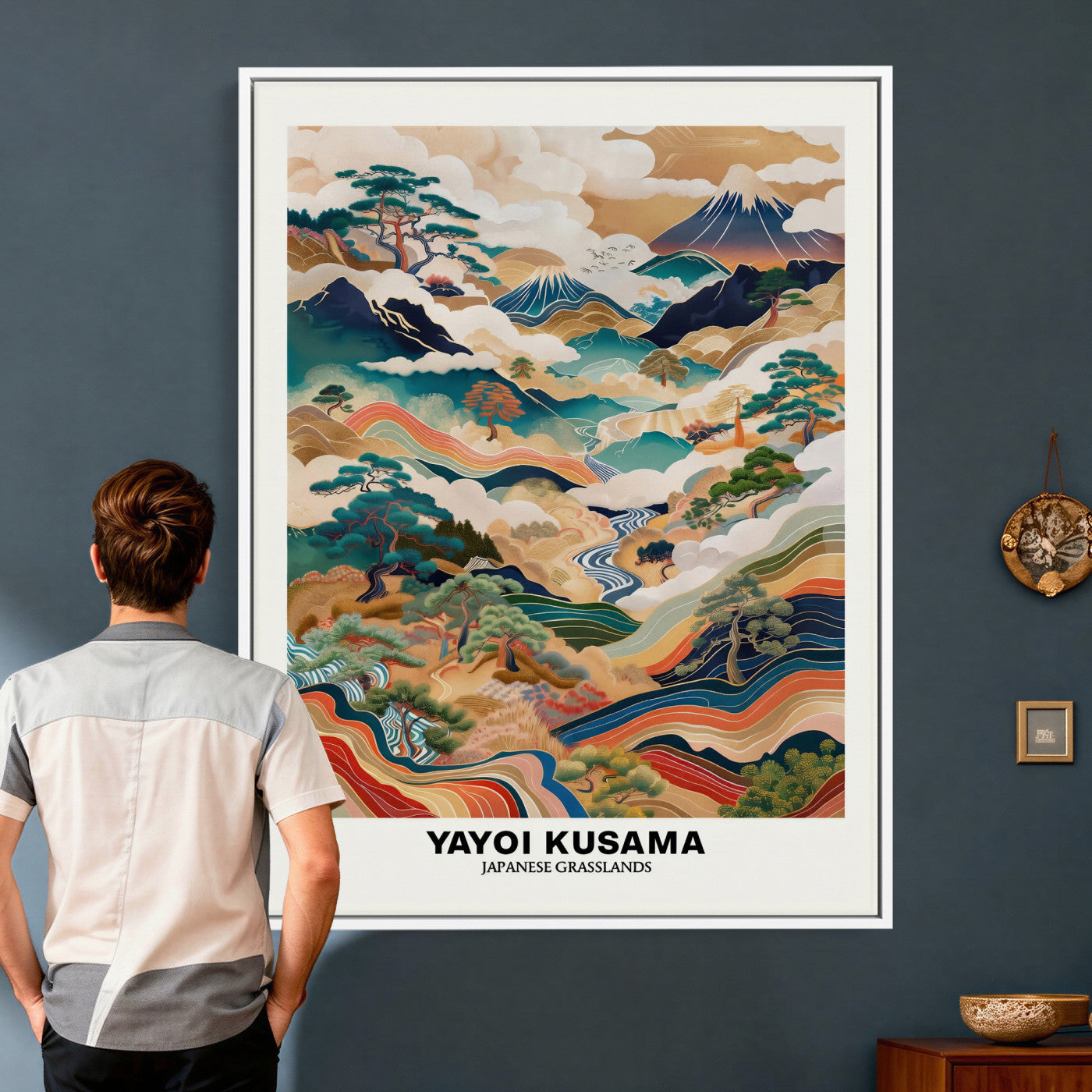71553303-MGV-CV-24X36 - Yayoi Kusama Japanese Landscape Wall Art Canvas Print, Colorful Mountain and River Framed Artwork, Nature Inspired Asian Scenic Decor for Living Room Bedroom Office