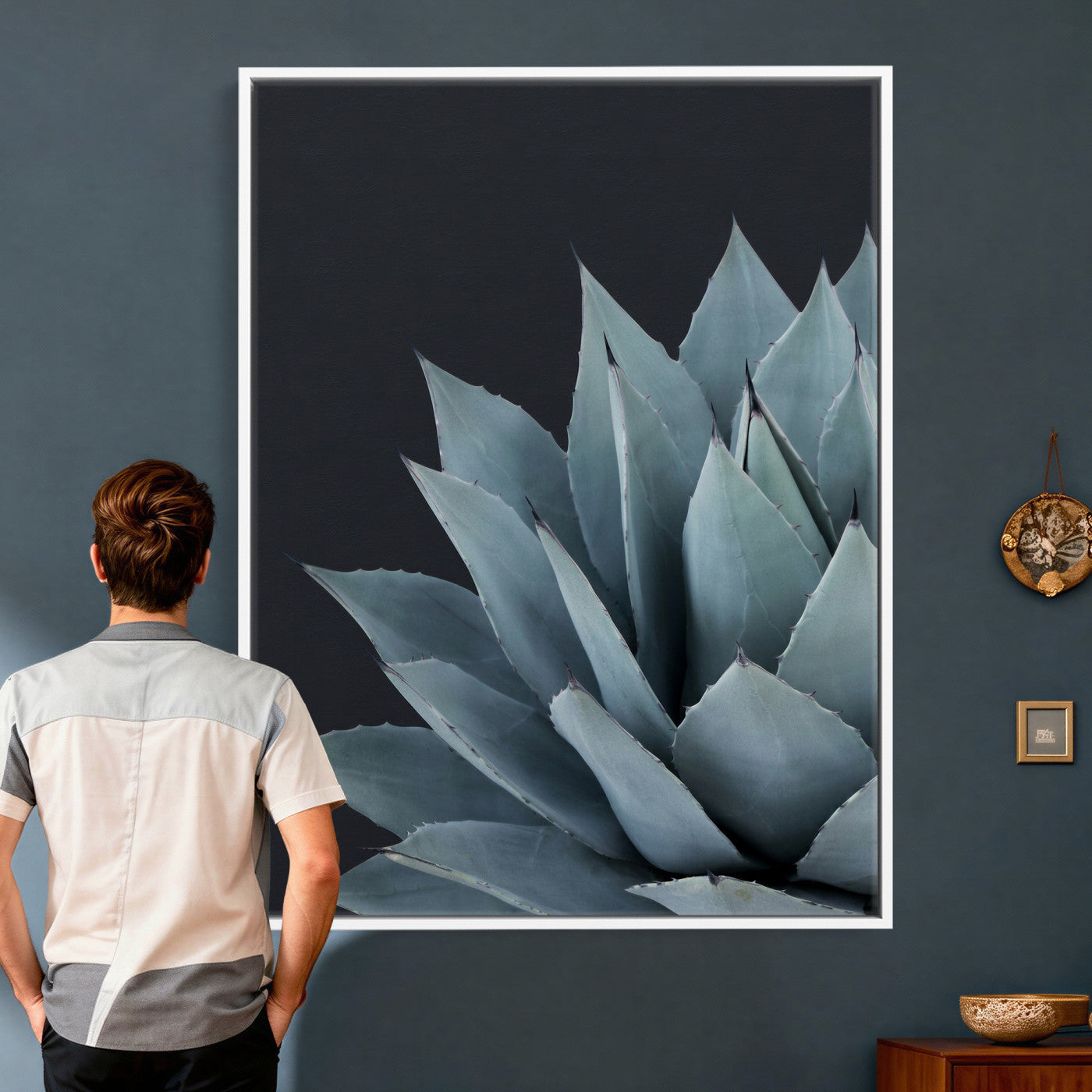 59803798-MGV-CV-24X36 - Agave Wall Art Canvas Print, Blue Green Succulent Botanical Framed Artwork, Minimalist Desert Plant Decor for Living Room Bedroom Office Bathroom