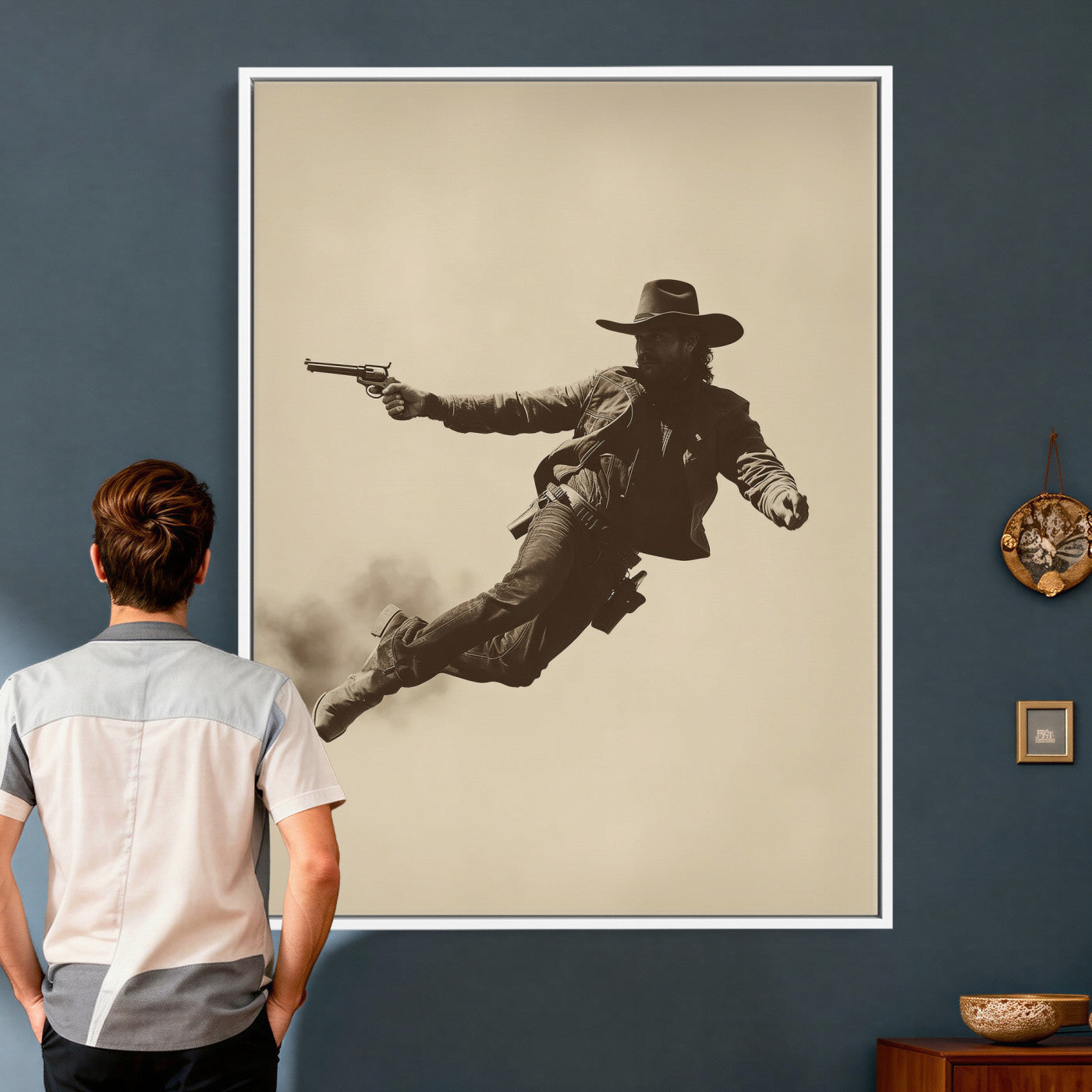 11948430CW-MGV-CV-24X36 - Cowboy Canvas Wall Art, Western Gunslinger Sepia Photo Print, Vintage Rustic Man Cave Decor, Wild West Cinematic Art, Living Room Wall Art
