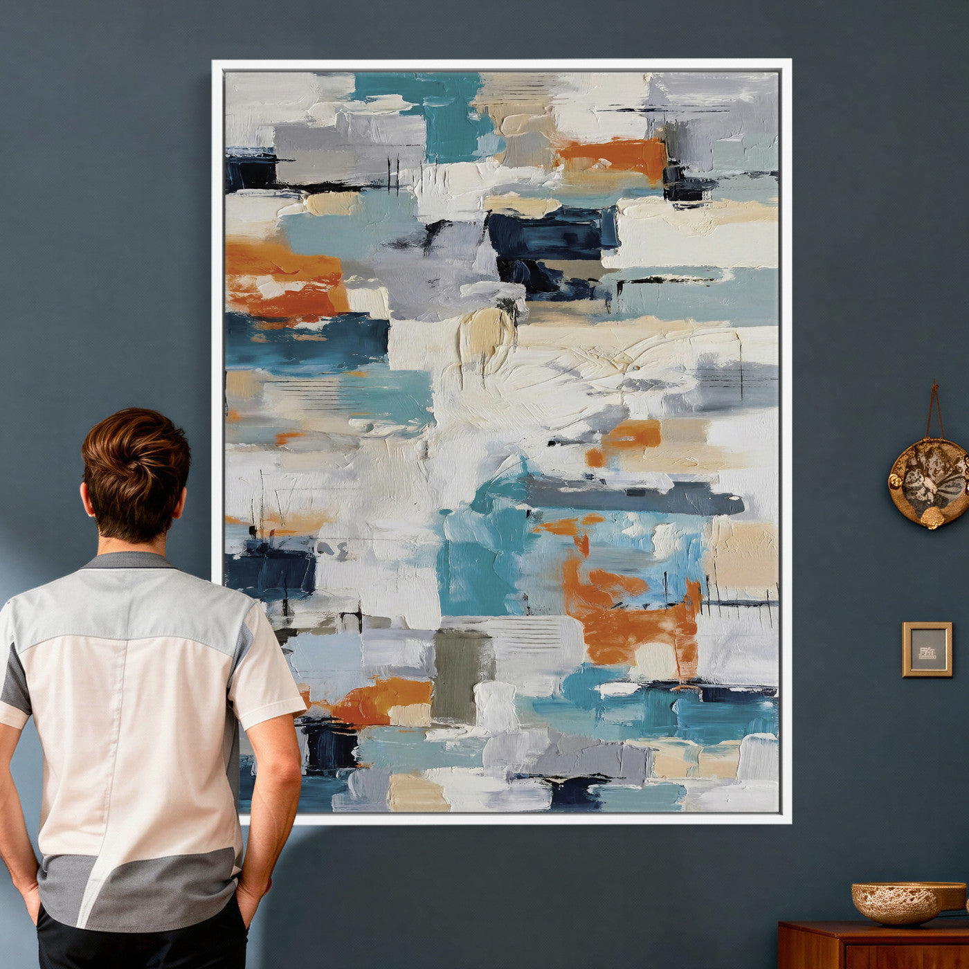 74742966-MGV-CV-24X36 - Blue Teal Abstract Canvas Wall Art, Modern Textured Painting Print, Navy Orange White Contemporary Art, Neutral Living Room Decor, Office Art