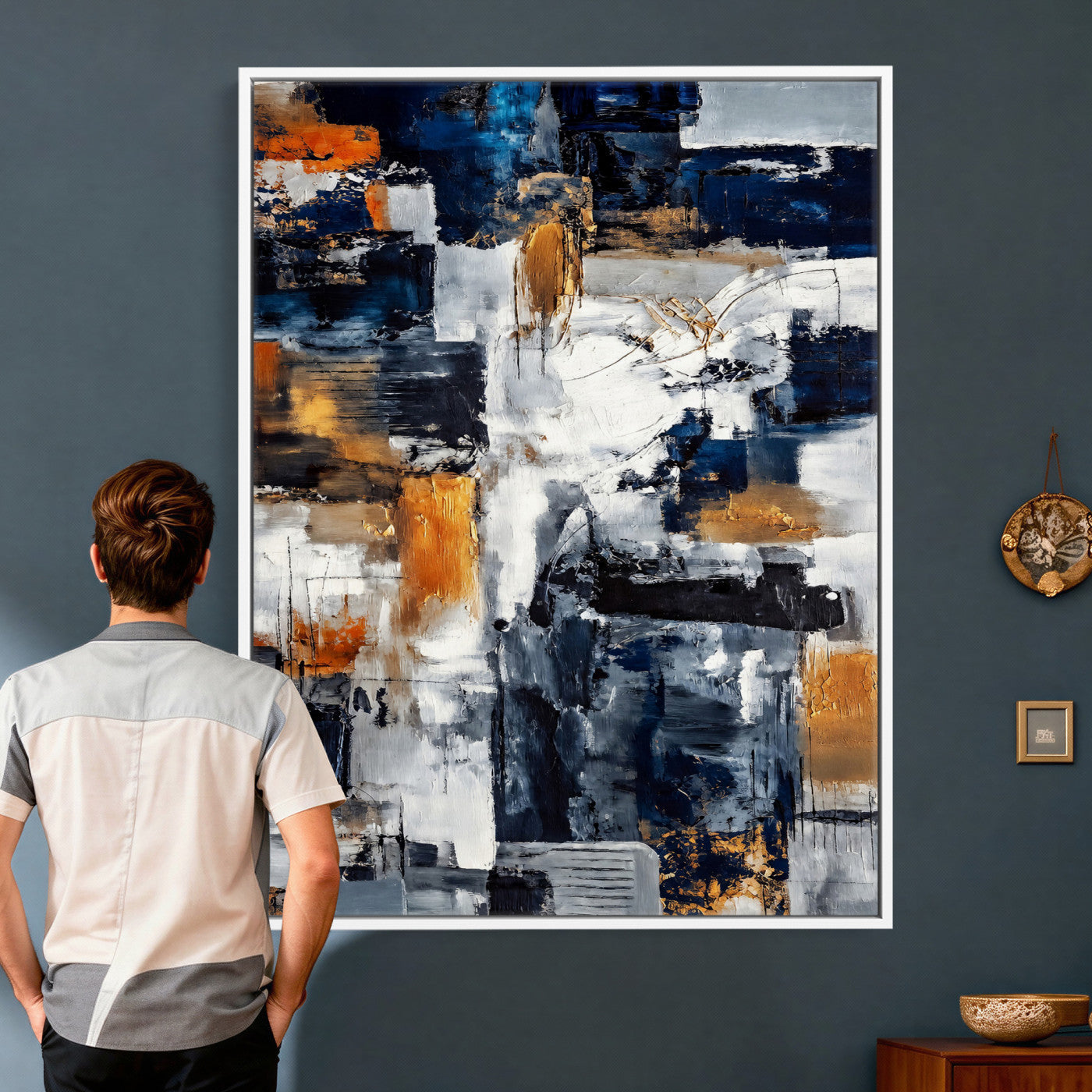 85264820-MGV-CV-24X36 - Blue Teal Abstract Canvas Wall Art - Modern Textured Painting Print, Navy Orange White Contemporary Art, Neutral Living Room Decor, Office Art