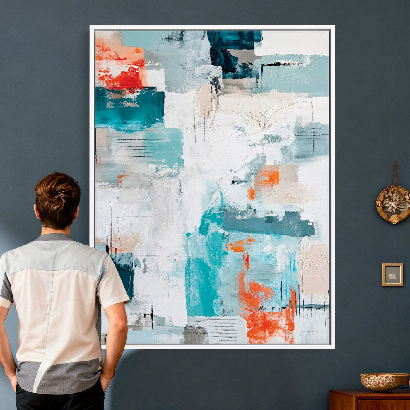 47011485-MGV-CV-24X36 - Blue Teal Abstract Canvas Wall Art, Modern Textured Painting Print, Navy Orange White Contemporary Art, Neutral Living Room Decor, Office Art