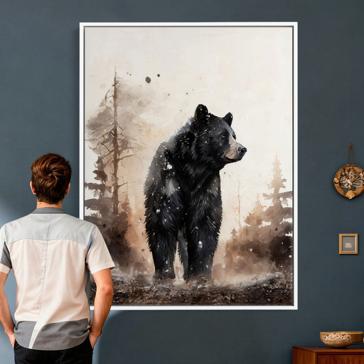 17399305-MGV-CV-24X36 - Black Bear Canvas Wall Art Winter Forest Watercolor Painting Print