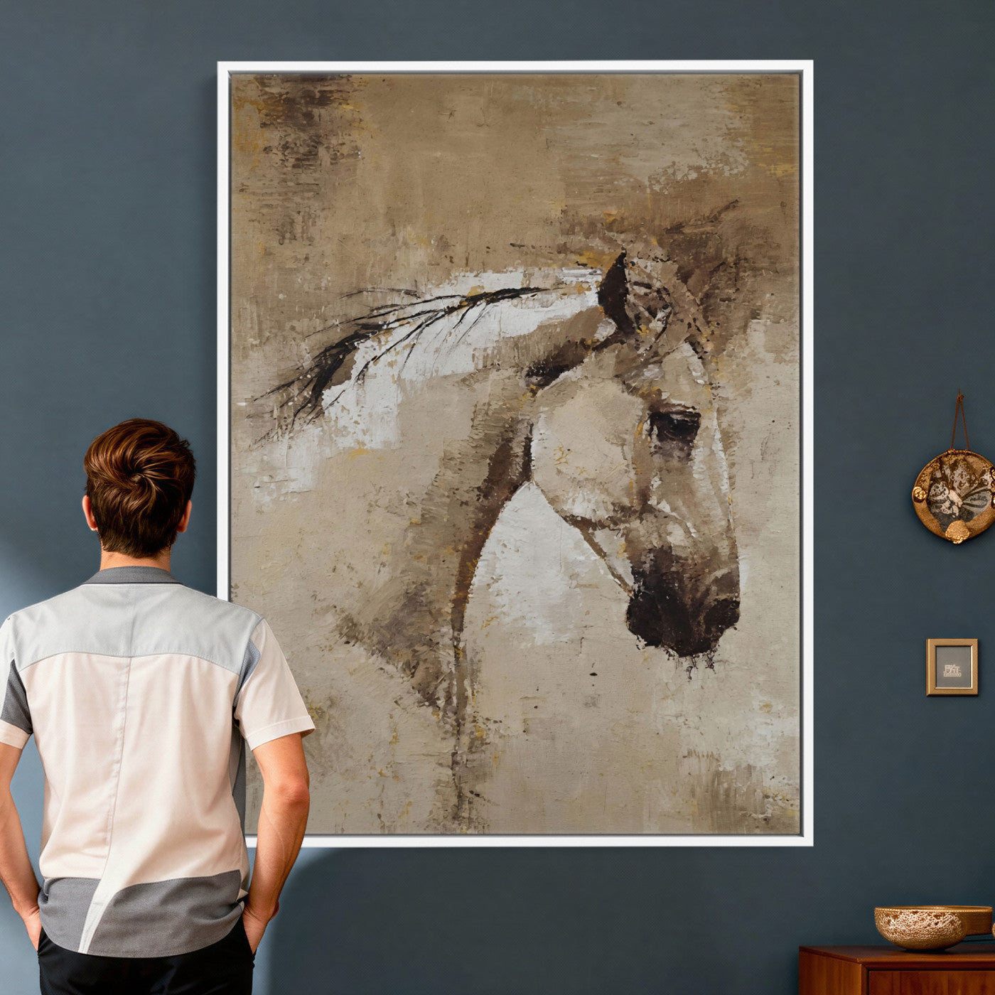 48488295-MGV-CV-24X36 - Rustic Horse Canvas Wall Art Neutral Tone Equestrian Oil Painting Print